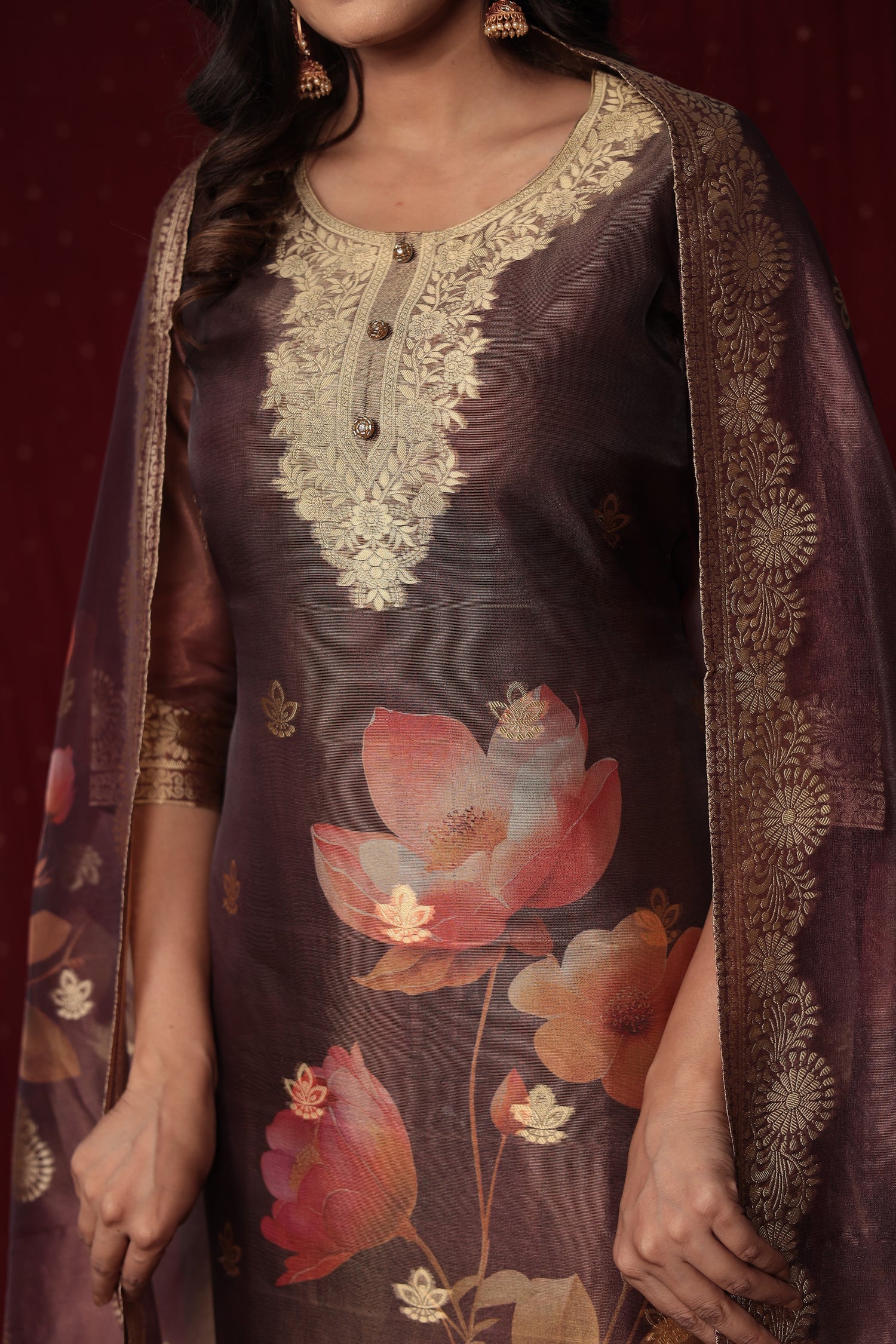 Deluxe Jacquard Organza Brown Suit with Jacquard Dupatta, Soft Silk Pant and Inner Lining in Kurti