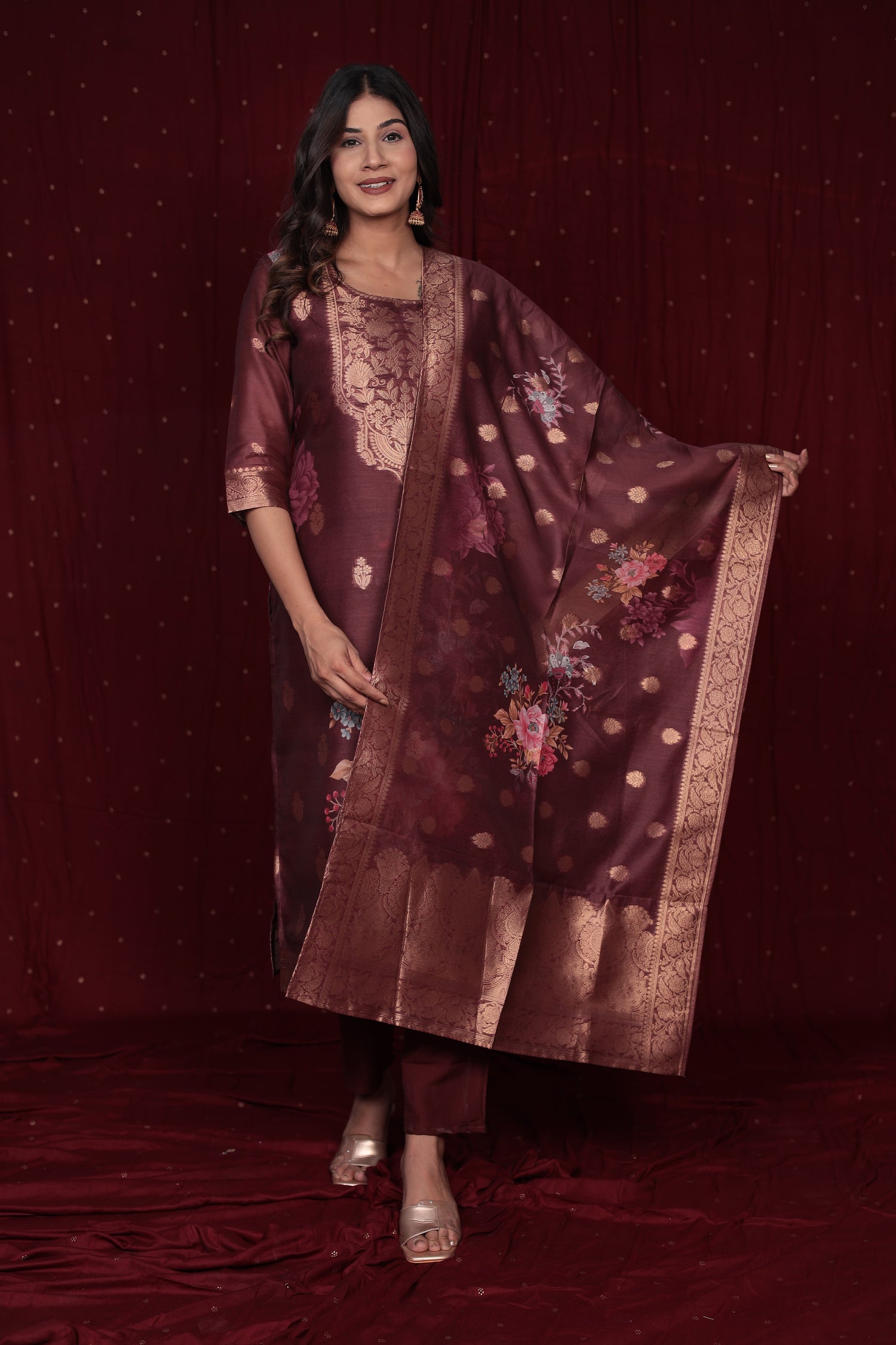 Banarasi Jacquard Chanderi Rust Brown Suit with Jacquard Dupatta and, Soft Silk Pant and Inner Lining in Kurti