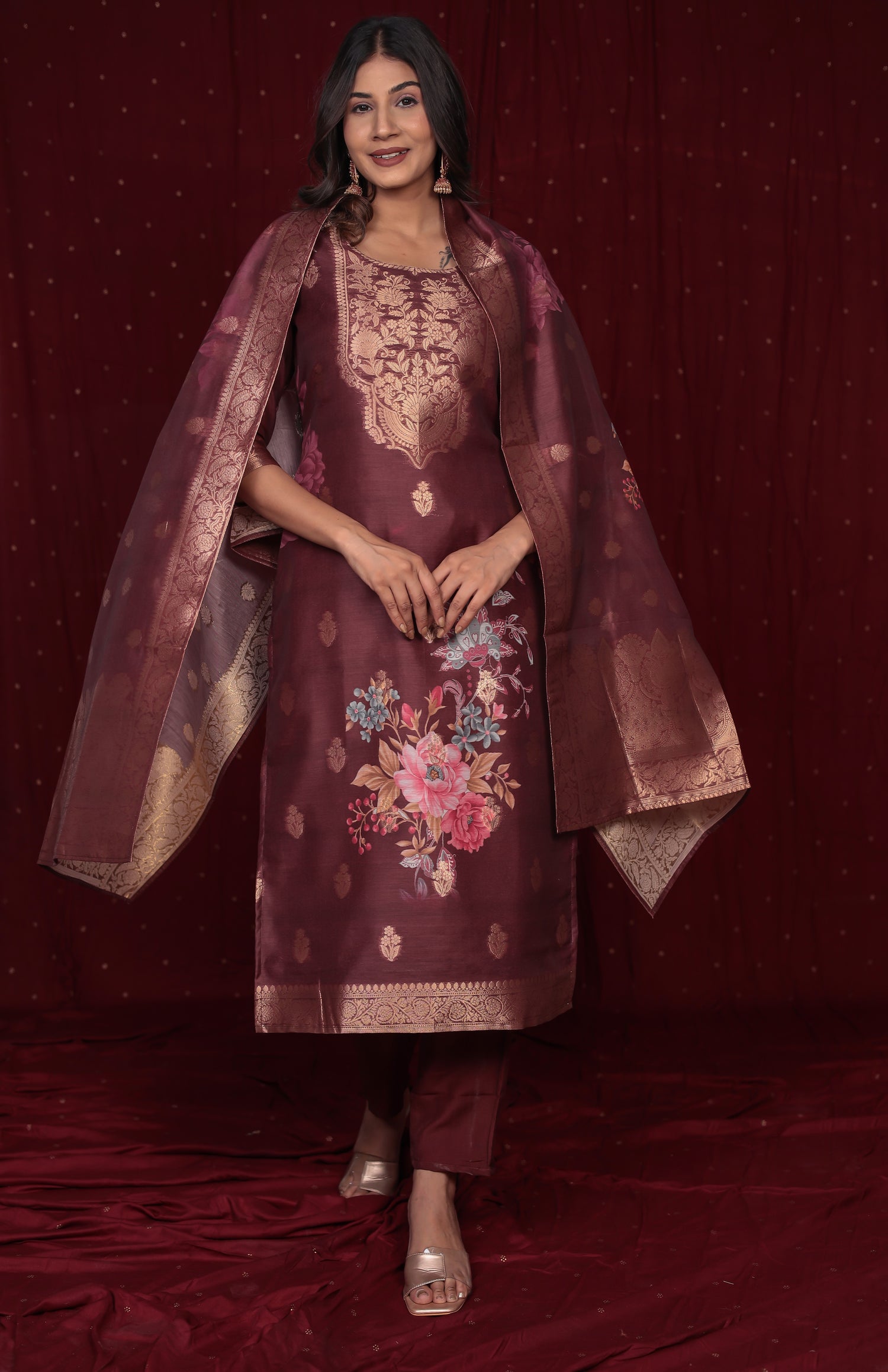Banarasi Jacquard Chanderi Rust Brown Suit with Jacquard Dupatta and, Soft Silk Pant and Inner Lining in Kurti