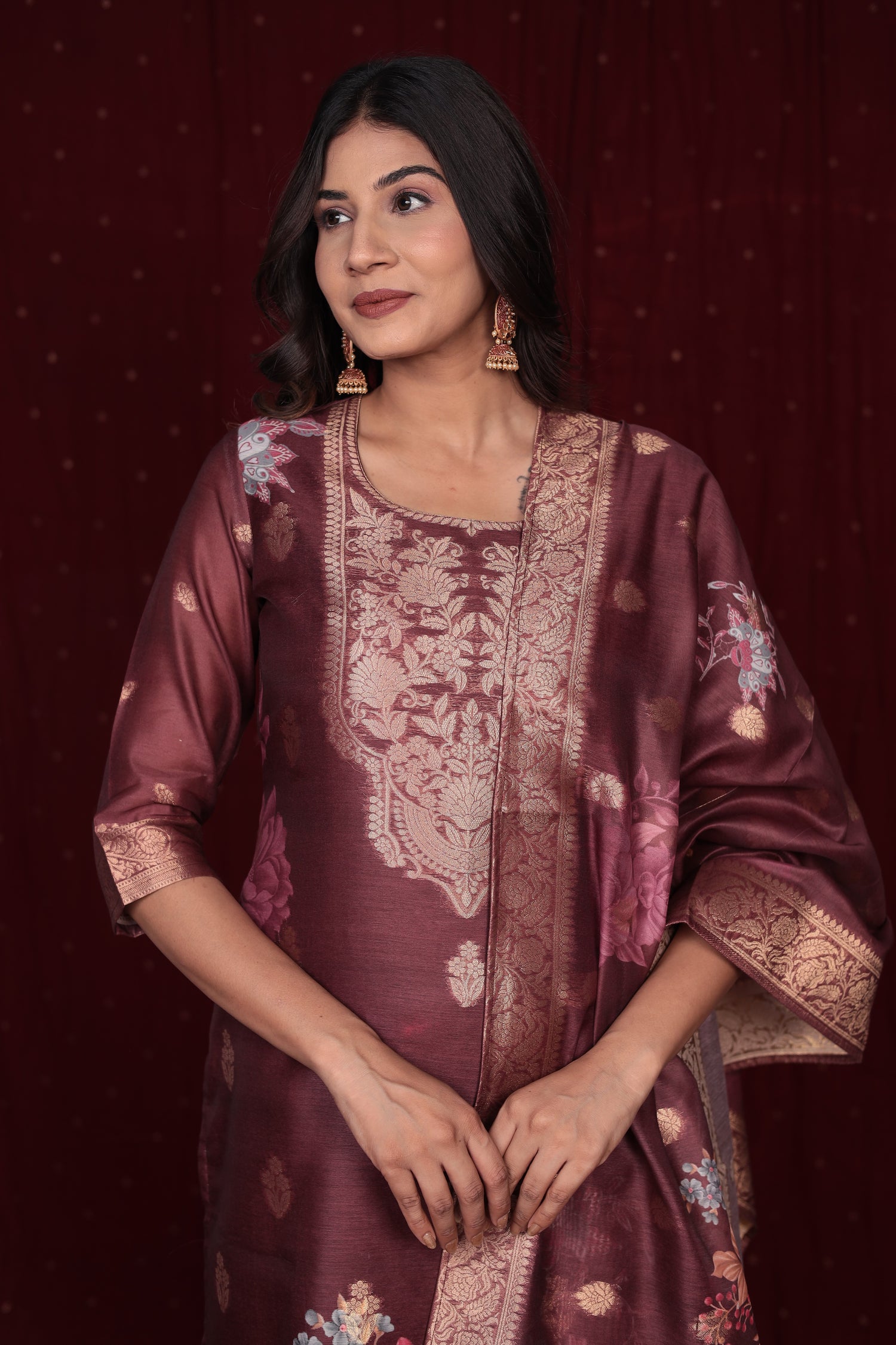Banarasi Jacquard Chanderi Rust Brown Suit with Jacquard Dupatta and, Soft Silk Pant and Inner Lining in Kurti