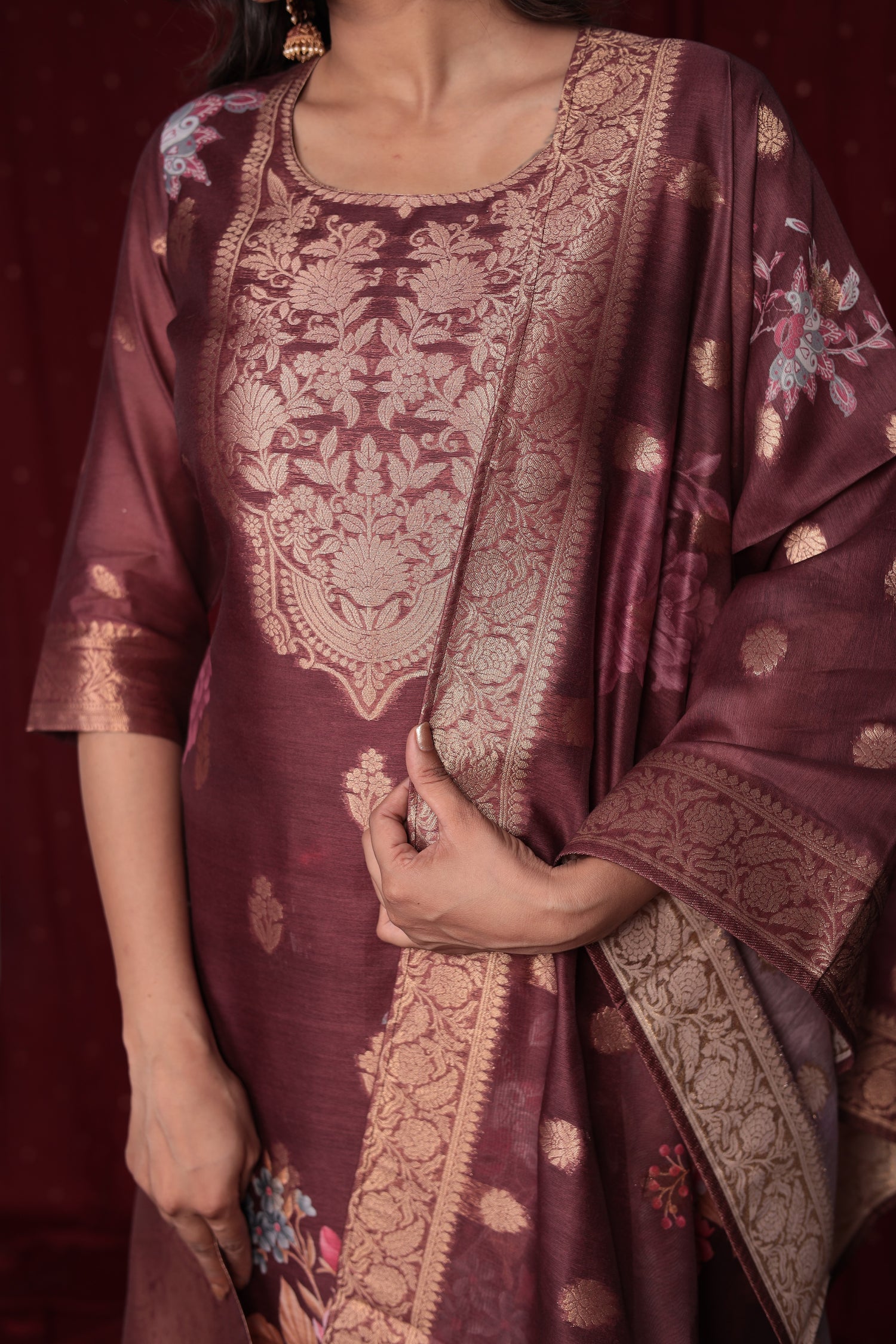 Banarasi Jacquard Chanderi Rust Brown Suit with Jacquard Dupatta and, Soft Silk Pant and Inner Lining in Kurti