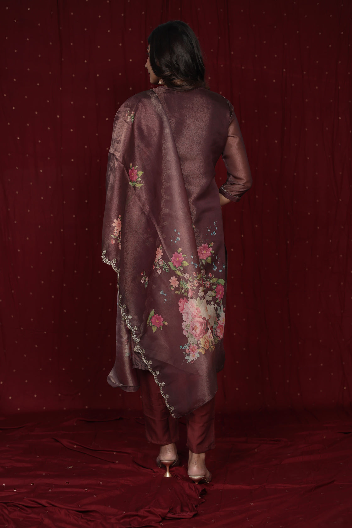 Deluxe Shimmer Organza Brown Suit with Embroidered Dupatta, Soft Muslin Pant and Inner Lining in Kurti