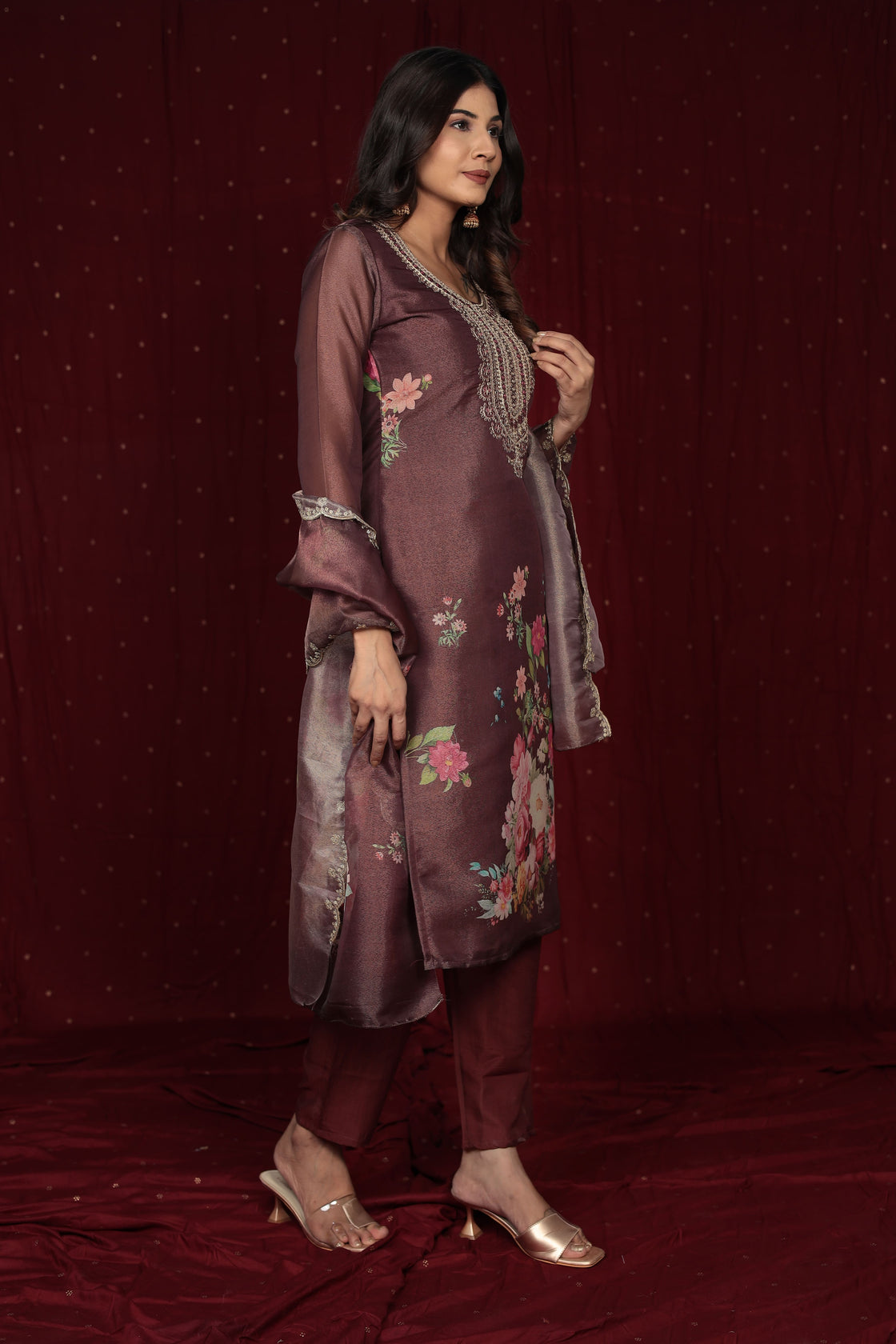Deluxe Shimmer Organza Brown Suit with Embroidered Dupatta, Soft Muslin Pant and Inner Lining in Kurti