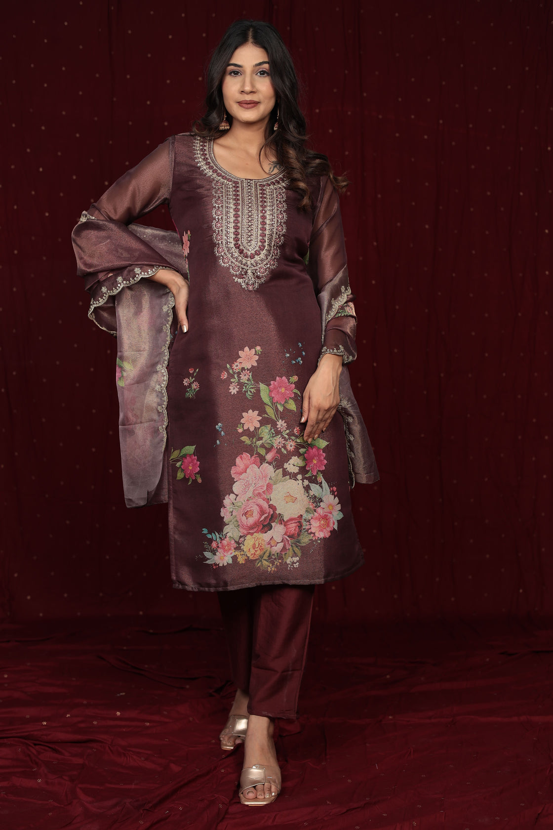 Deluxe Shimmer Organza Brown Suit with Embroidered Dupatta, Soft Muslin Pant and Inner Lining in Kurti
