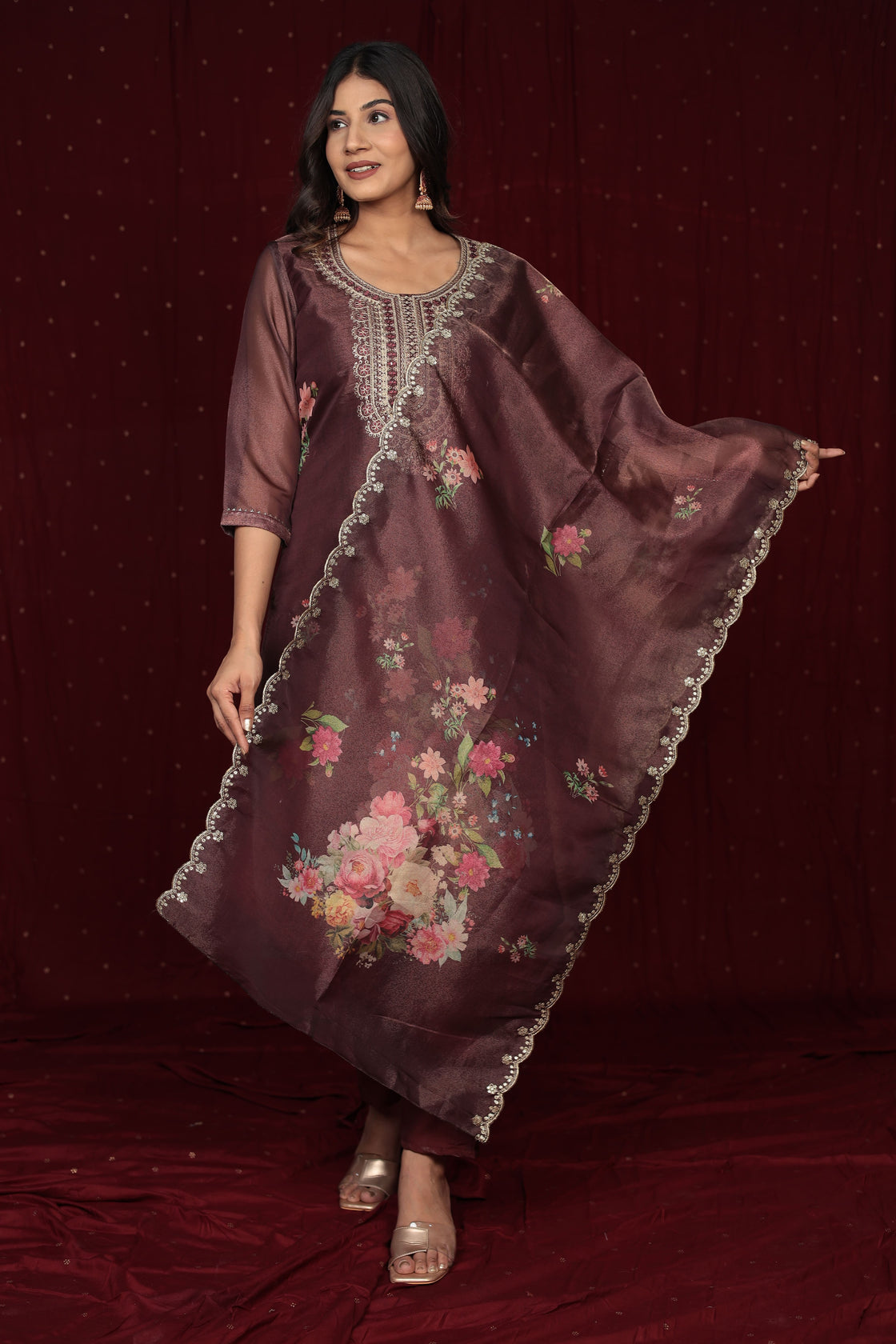 Deluxe Shimmer Organza Brown Suit with Embroidered Dupatta, Soft Muslin Pant and Inner Lining in Kurti