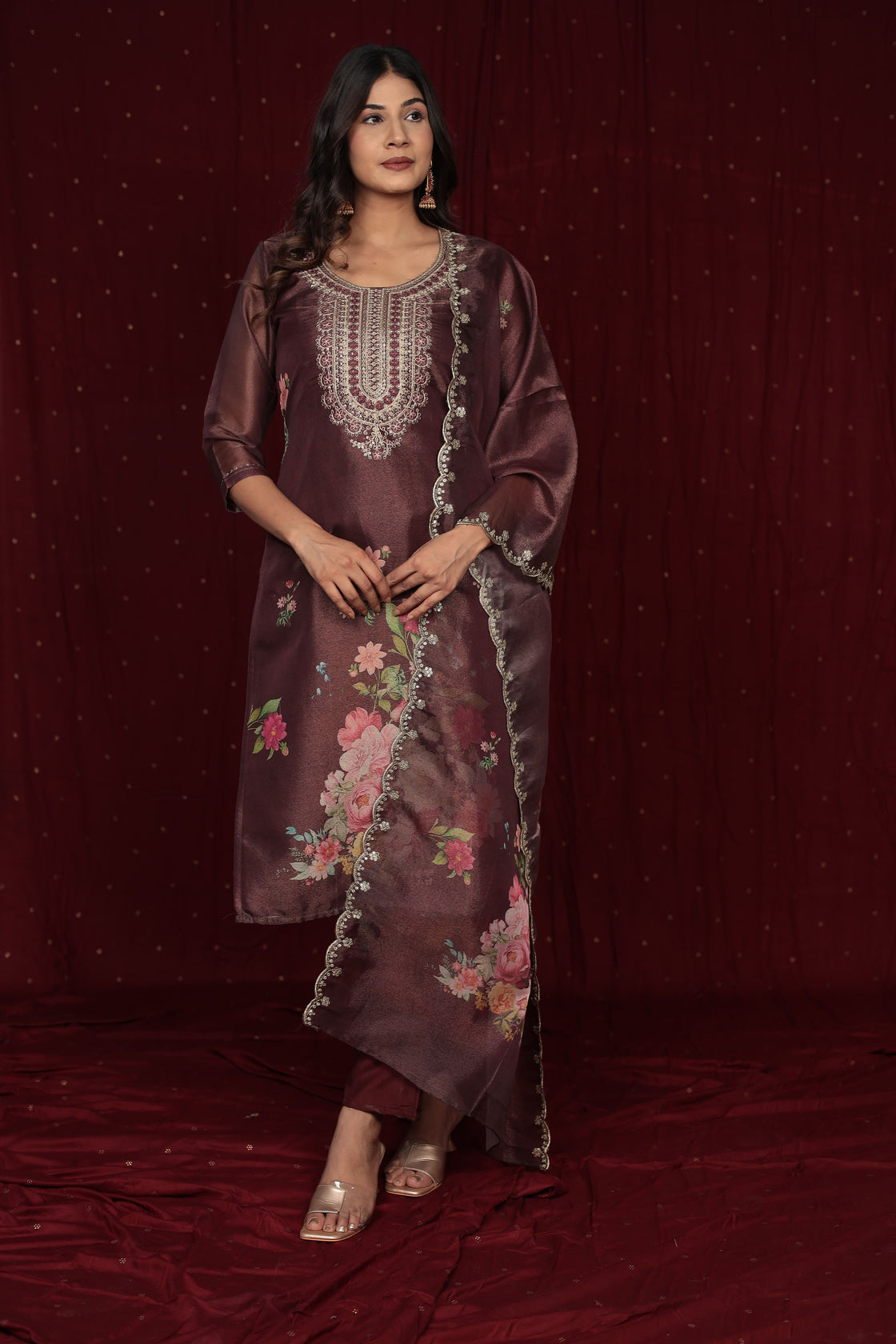 Deluxe Shimmer Organza Brown Suit with Embroidered Dupatta, Soft Muslin Pant and Inner Lining in Kurti