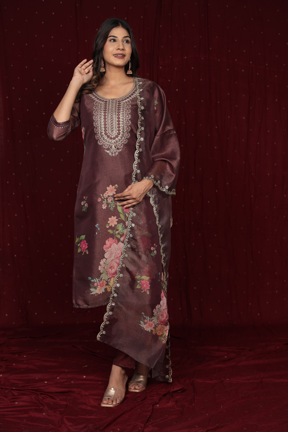 Deluxe Shimmer Organza Brown Suit with Embroidered Dupatta, Soft Muslin Pant and Inner Lining in Kurti