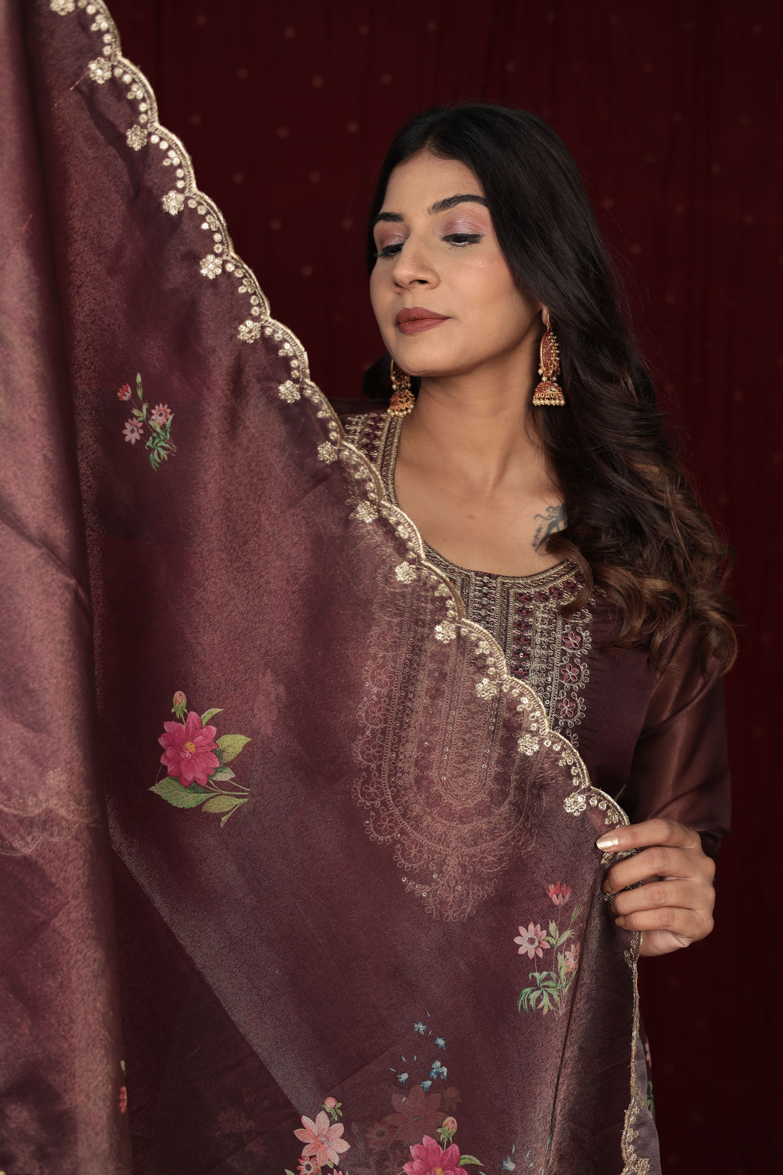 Deluxe Shimmer Organza Brown Suit with Embroidered Dupatta, Soft Muslin Pant and Inner Lining in Kurti