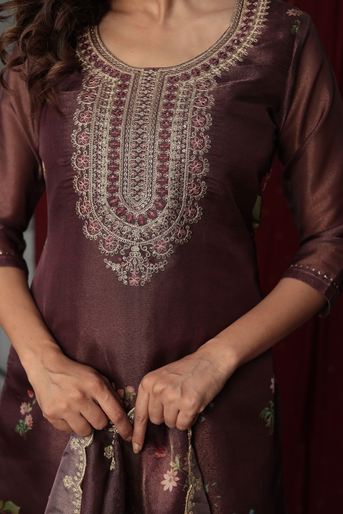 Deluxe Shimmer Organza Brown Suit with Embroidered Dupatta, Soft Muslin Pant and Inner Lining in Kurti