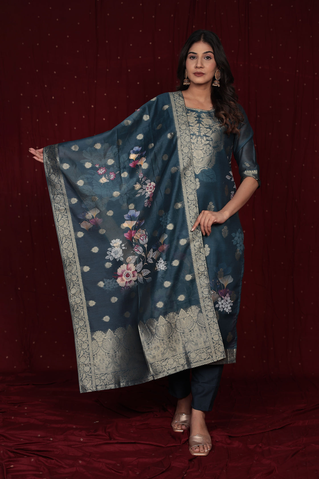 Banarasi Jacquard Chanderi Blue Suit with Jacquard Dupatta, Soft Silk Pant and Inner Lining in Kurti