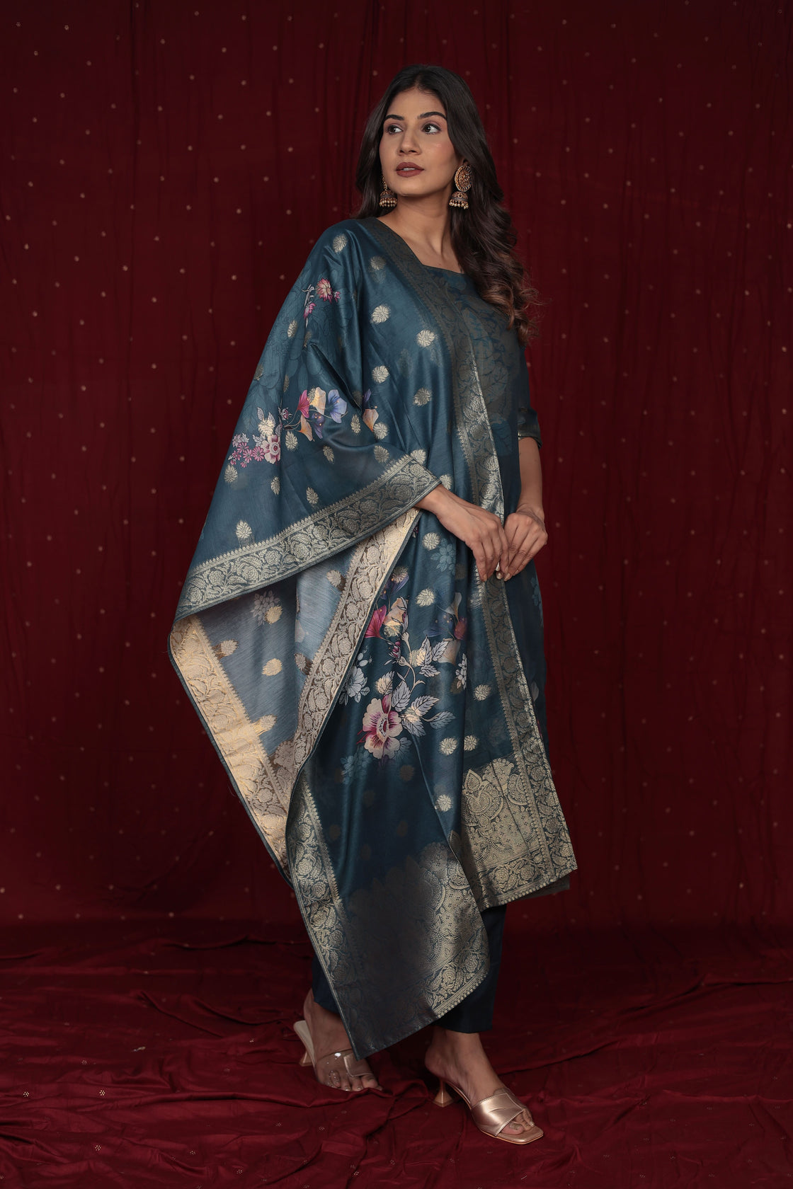 Banarasi Jacquard Chanderi Blue Suit with Jacquard Dupatta, Soft Silk Pant and Inner Lining in Kurti
