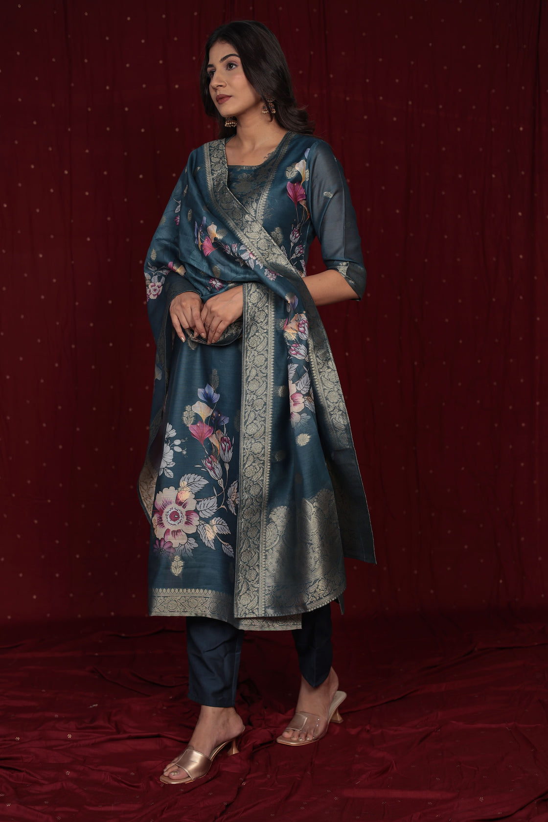 Banarasi Jacquard Chanderi Blue Suit with Jacquard Dupatta, Soft Silk Pant and Inner Lining in Kurti
