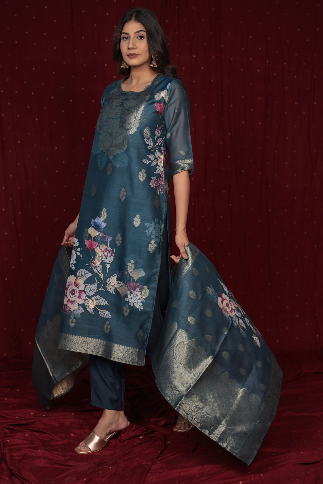 Banarasi Jacquard Chanderi Blue Suit with Jacquard Dupatta, Soft Silk Pant and Inner Lining in Kurti