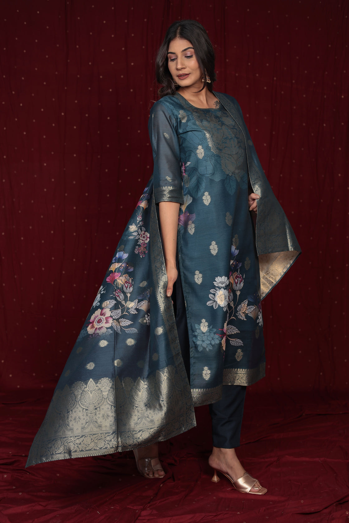 Banarasi Jacquard Chanderi Blue Suit with Jacquard Dupatta, Soft Silk Pant and Inner Lining in Kurti