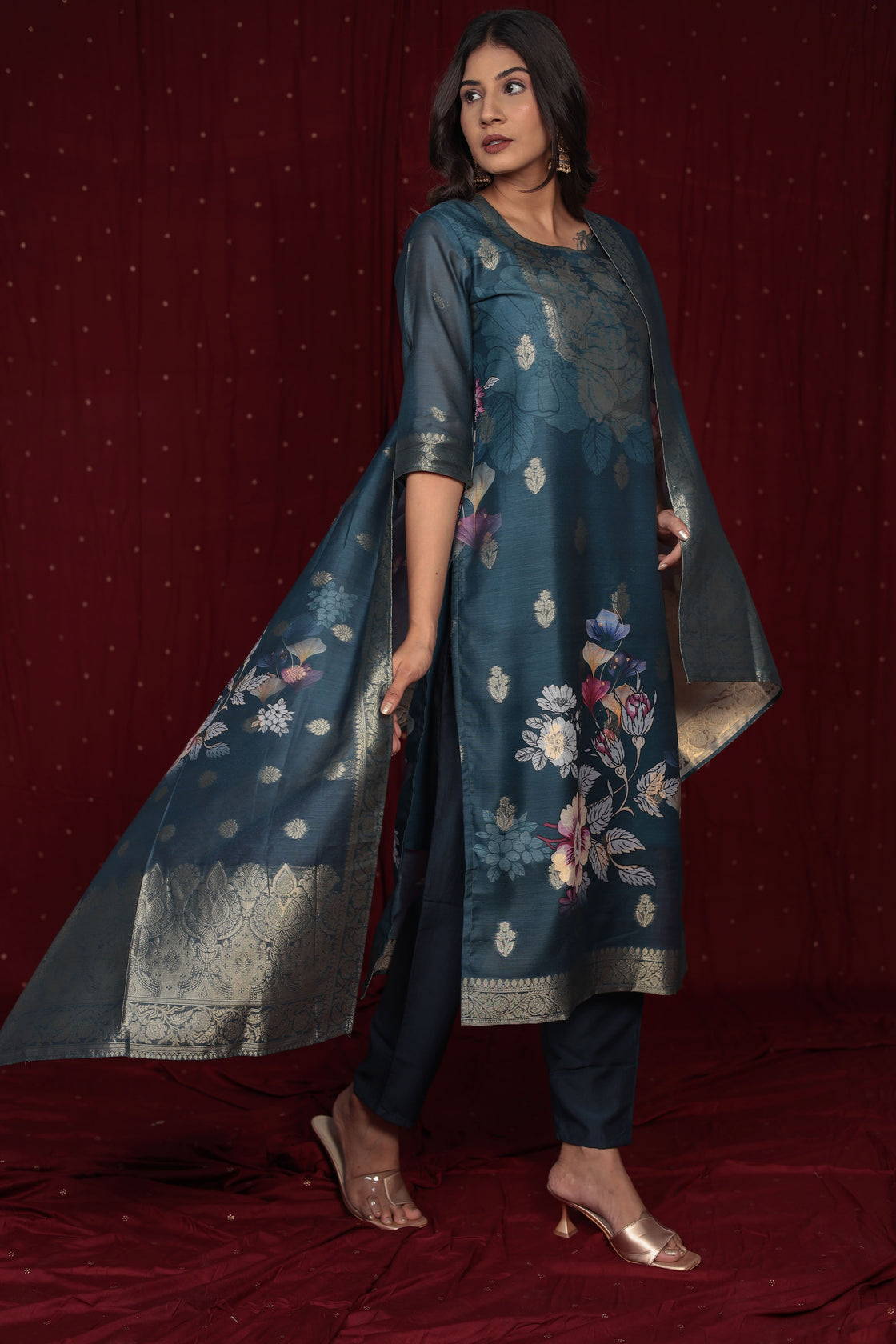 Banarasi Jacquard Chanderi Blue Suit with Jacquard Dupatta, Soft Silk Pant and Inner Lining in Kurti