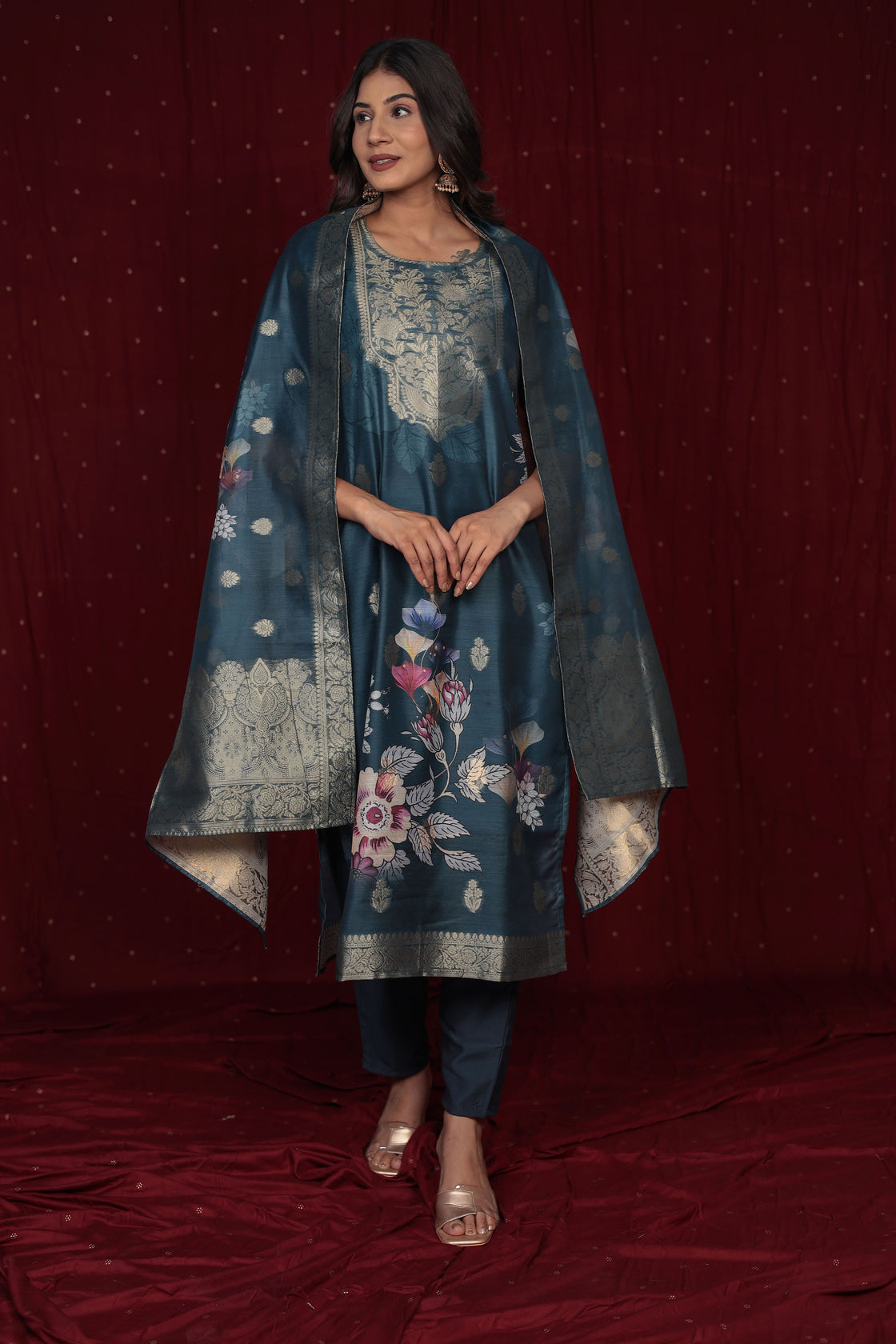 Banarasi Jacquard Chanderi Blue Suit with Jacquard Dupatta, Soft Silk Pant and Inner Lining in Kurti