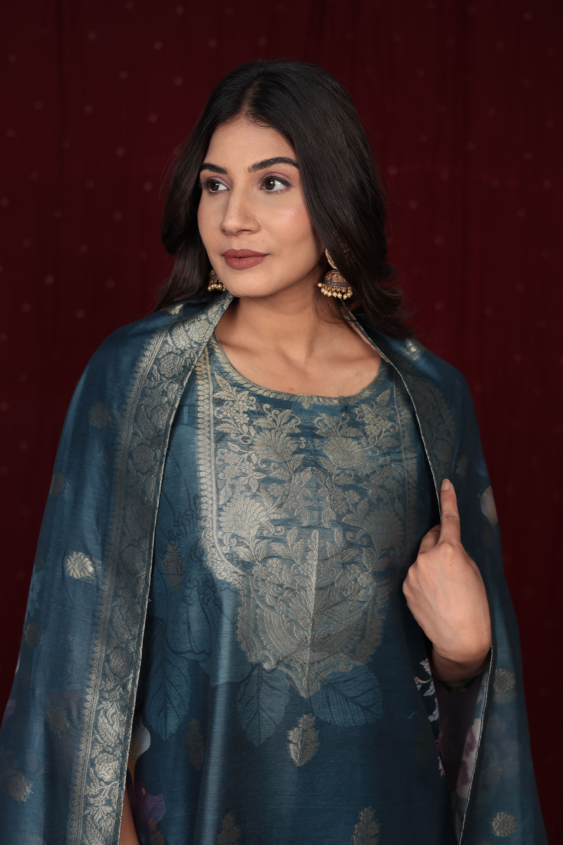 Banarasi Jacquard Chanderi Blue Suit with Jacquard Dupatta, Soft Silk Pant and Inner Lining in Kurti