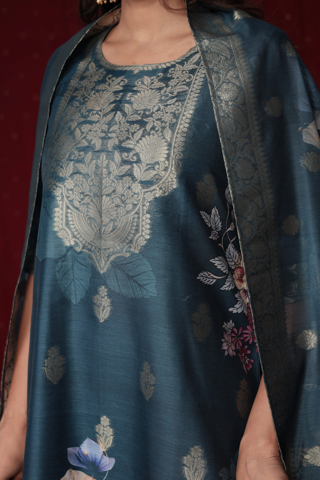 Banarasi Jacquard Chanderi Blue Suit with Jacquard Dupatta, Soft Silk Pant and Inner Lining in Kurti