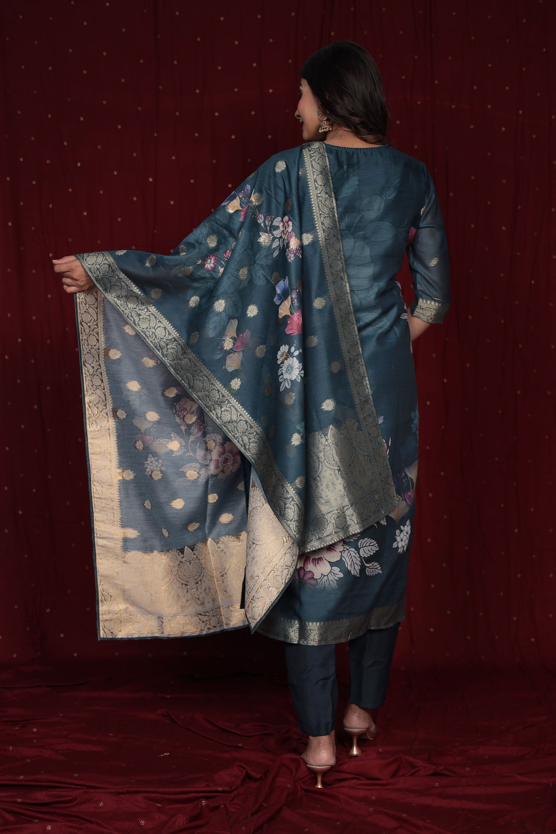 Banarasi Jacquard Chanderi Blue Suit with Jacquard Dupatta, Soft Silk Pant and Inner Lining in Kurti