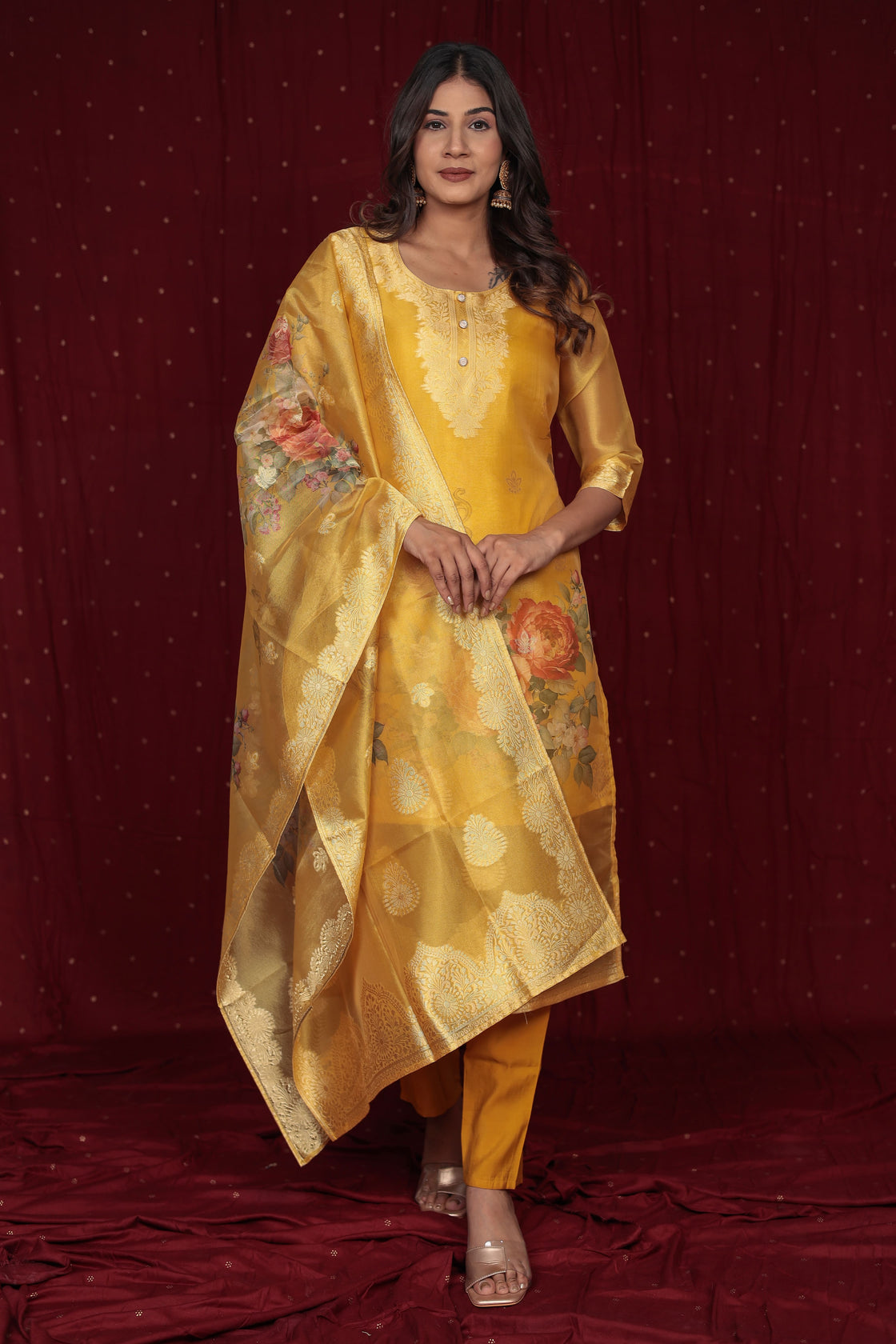 Deluxe Jacquard Organza yellow Suit with Jacquard Dupatta, Soft Silk Pant and Inner Lining in Kurti