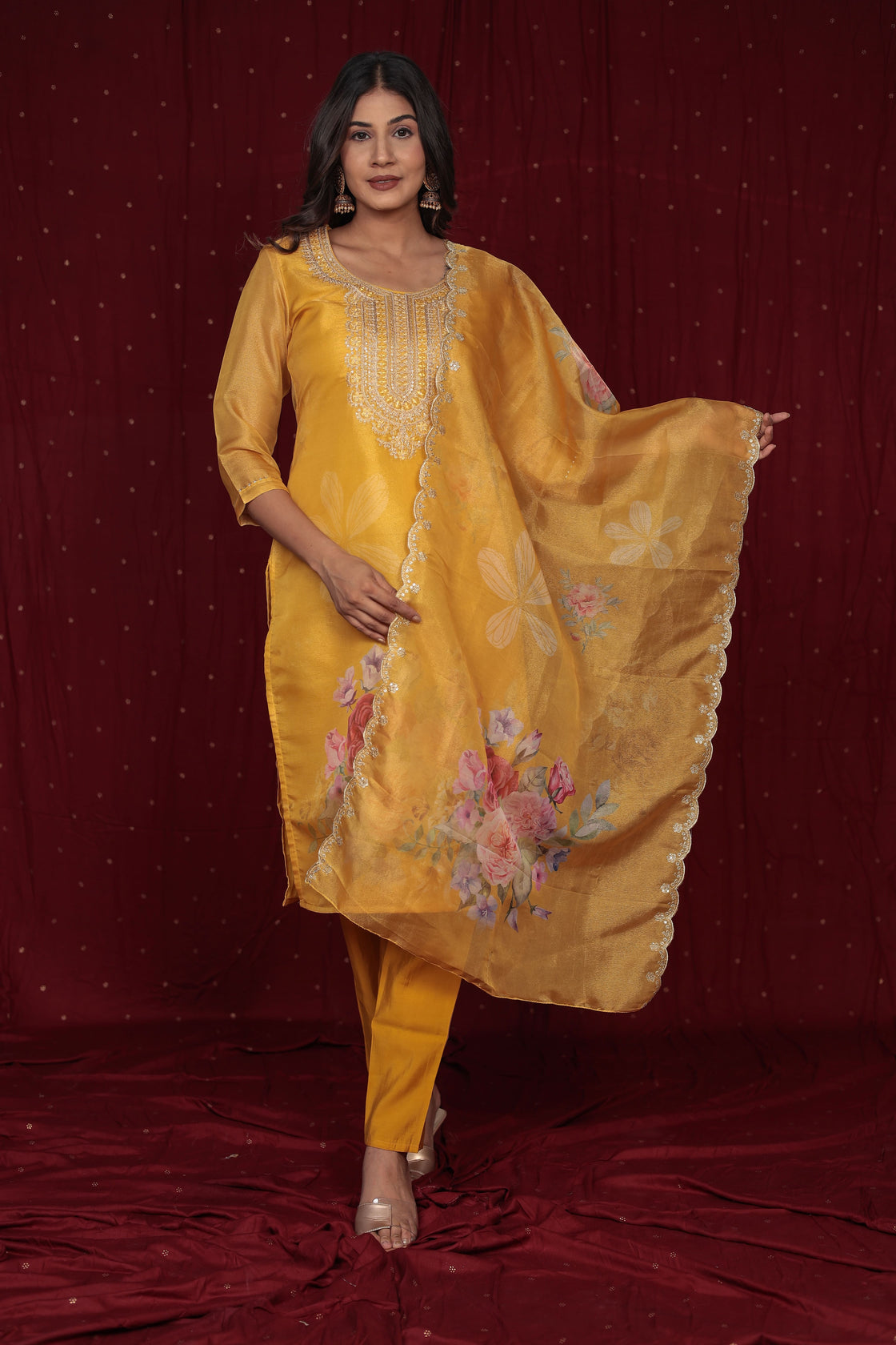 Deluxe Jacquard Organza yellow Suit with Jacquard Dupatta, Soft Silk Pant and Inner Lining in Kurti