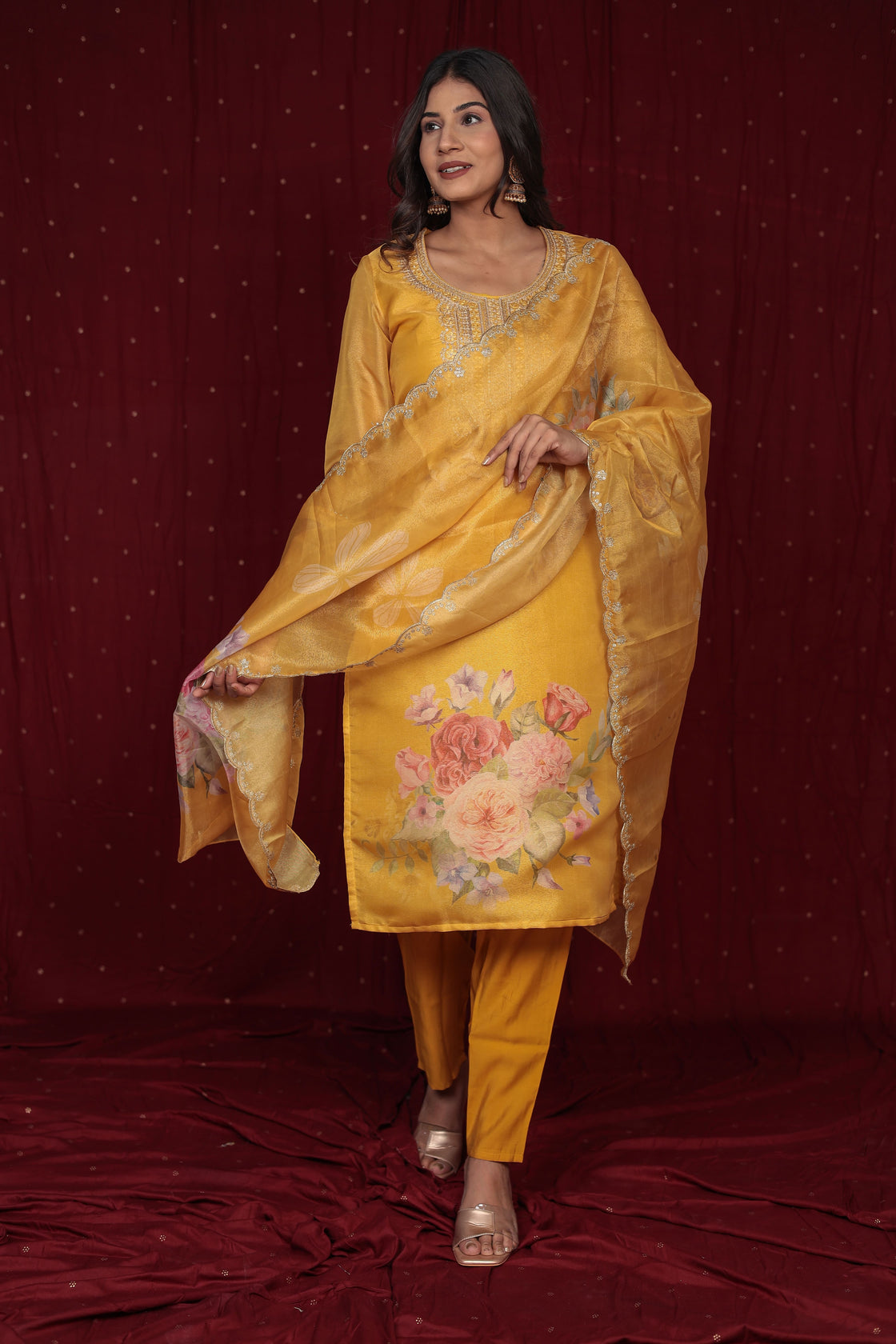 Deluxe Jacquard Organza yellow Suit with Jacquard Dupatta, Soft Silk Pant and Inner Lining in Kurti