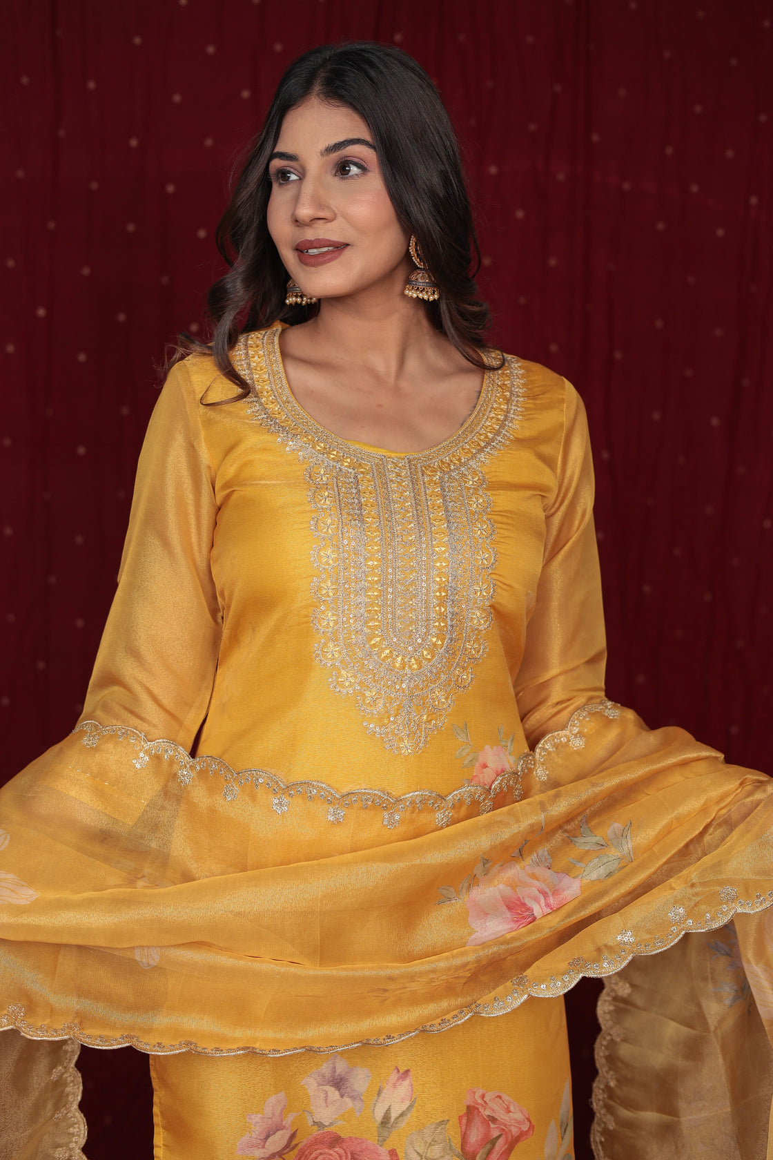 Deluxe Jacquard Organza yellow Suit with Jacquard Dupatta, Soft Silk Pant and Inner Lining in Kurti