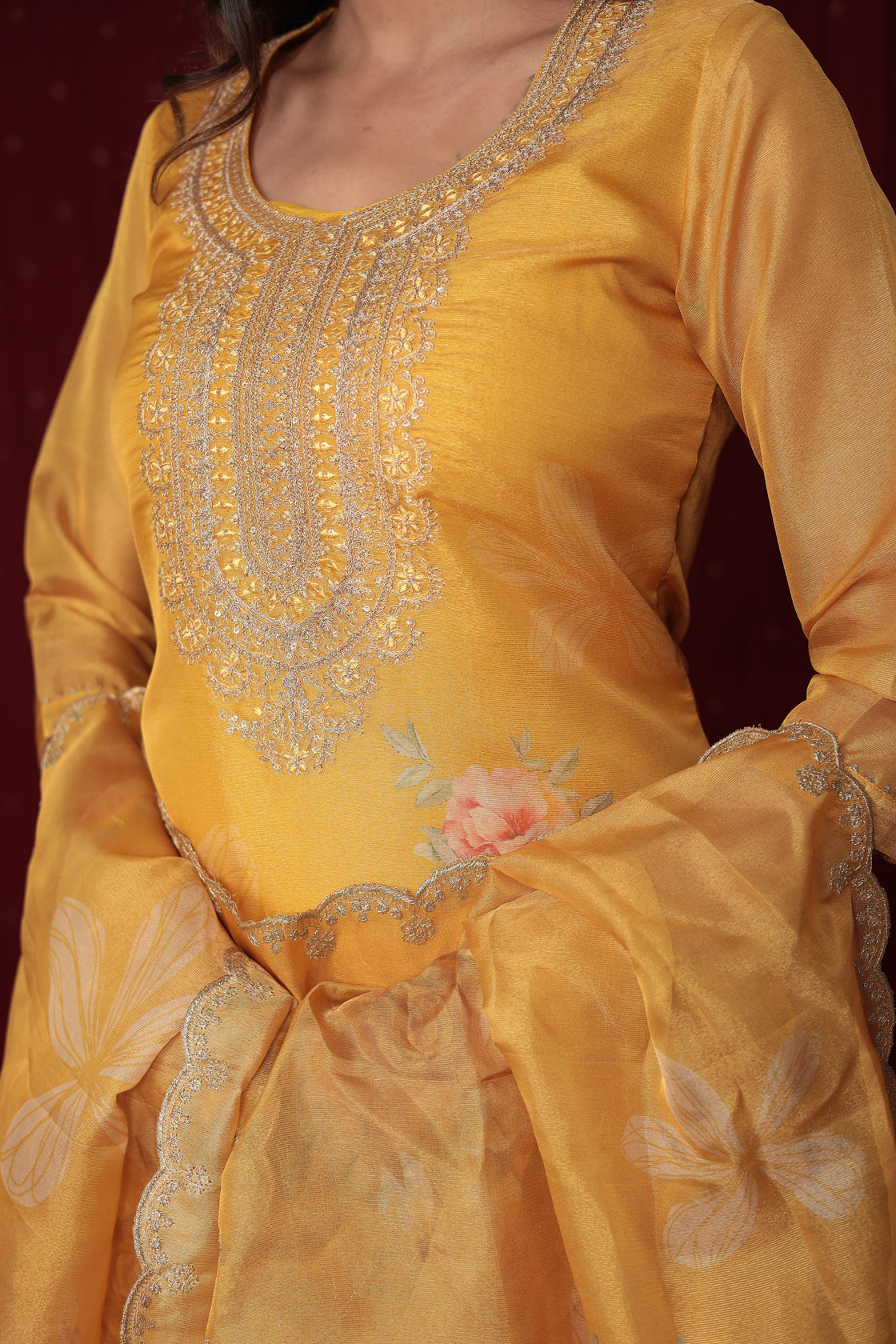 Deluxe Jacquard Organza yellow Suit with Jacquard Dupatta, Soft Silk Pant and Inner Lining in Kurti