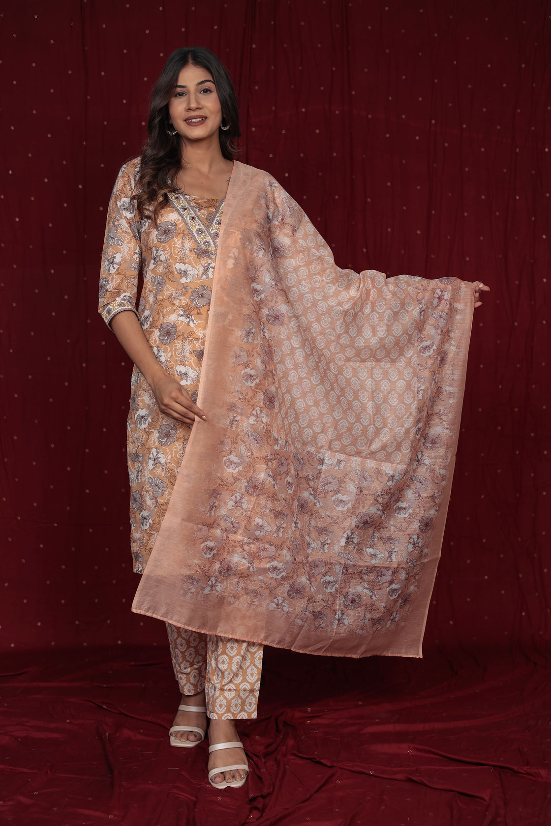 Pure Cotton Musturd Brown Dupatta Set Detailed With Manual Embroidery
