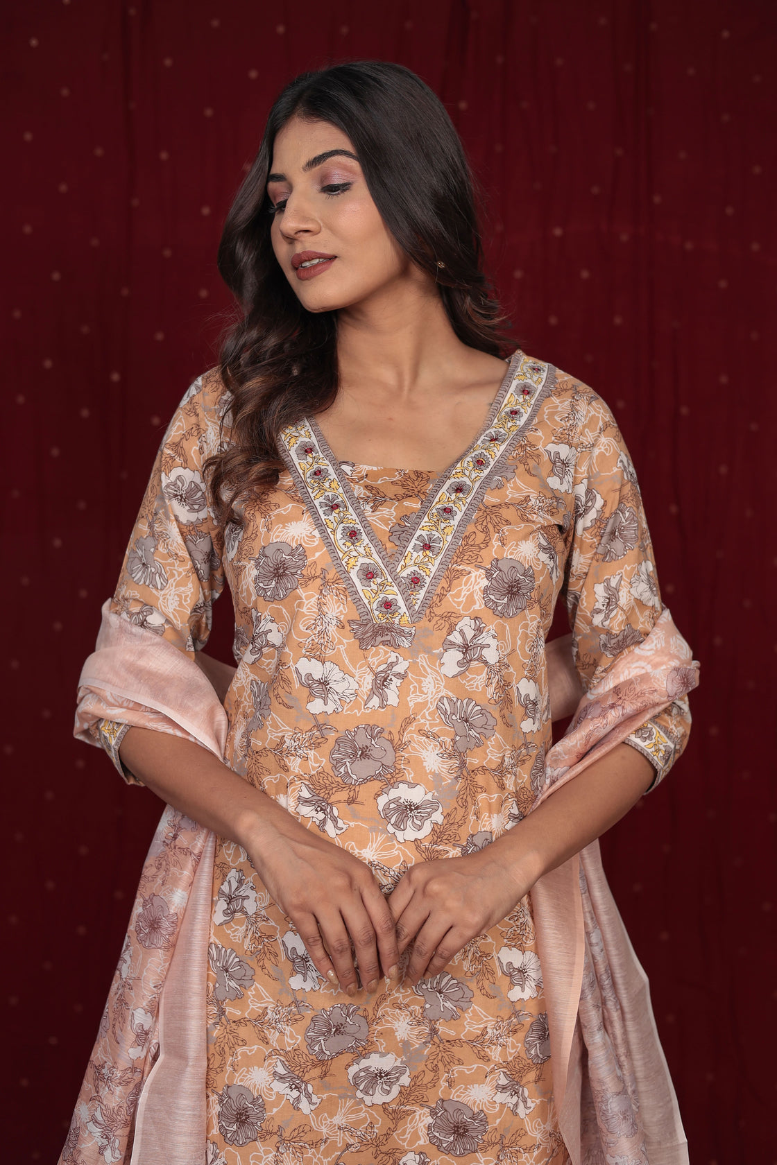 Pure Cotton Musturd Brown Dupatta Set Detailed With Manual Embroidery