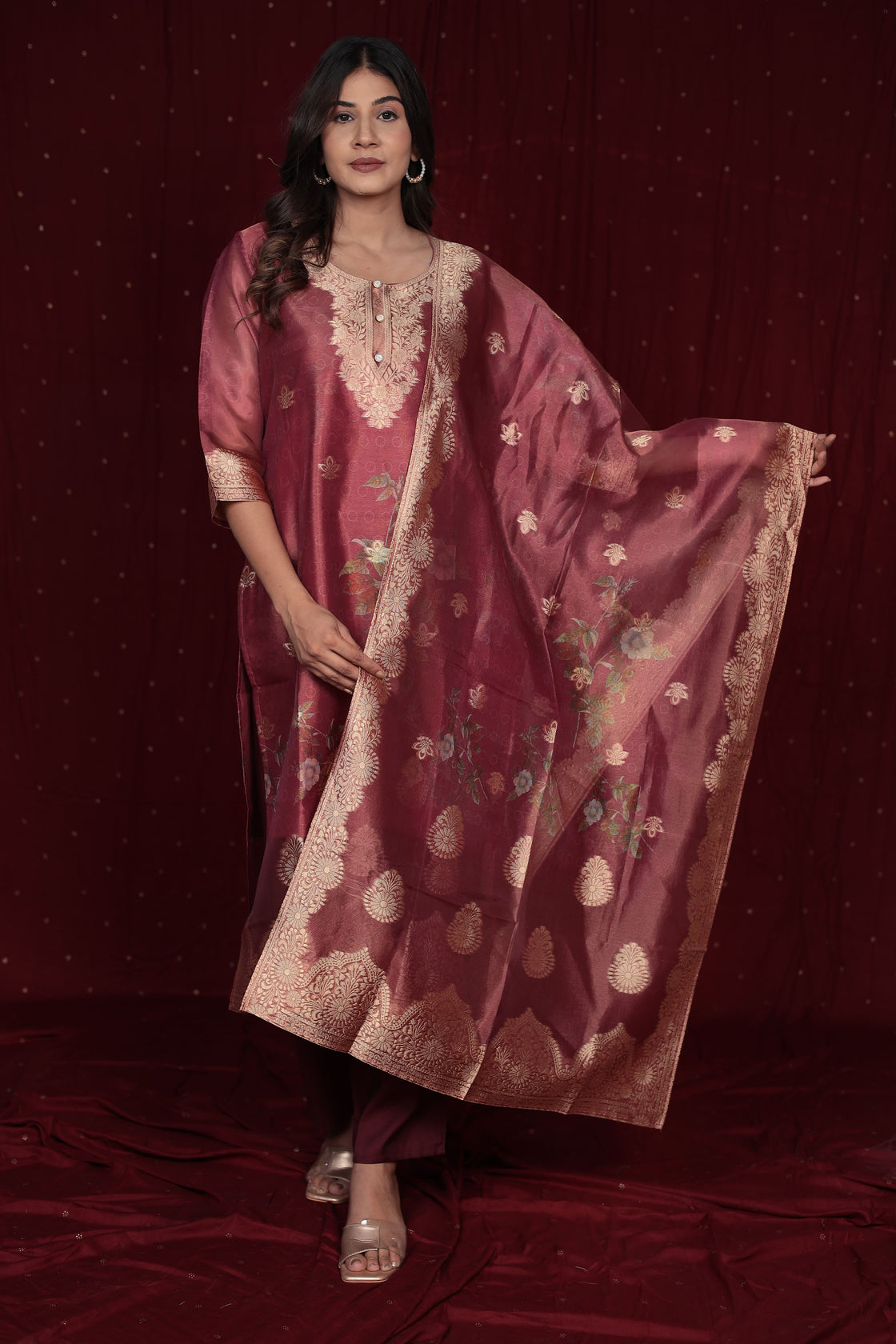 Deluxe Jacquard Orgaza Maroon Suit with Jacquard Dupatta, Soft Silk Pant and Inner Lining in Kurti