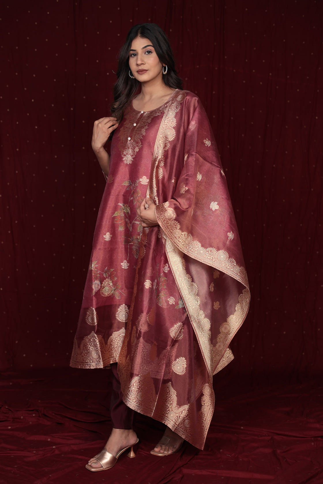 Deluxe Jacquard Orgaza Maroon Suit with Jacquard Dupatta, Soft Silk Pant and Inner Lining in Kurti