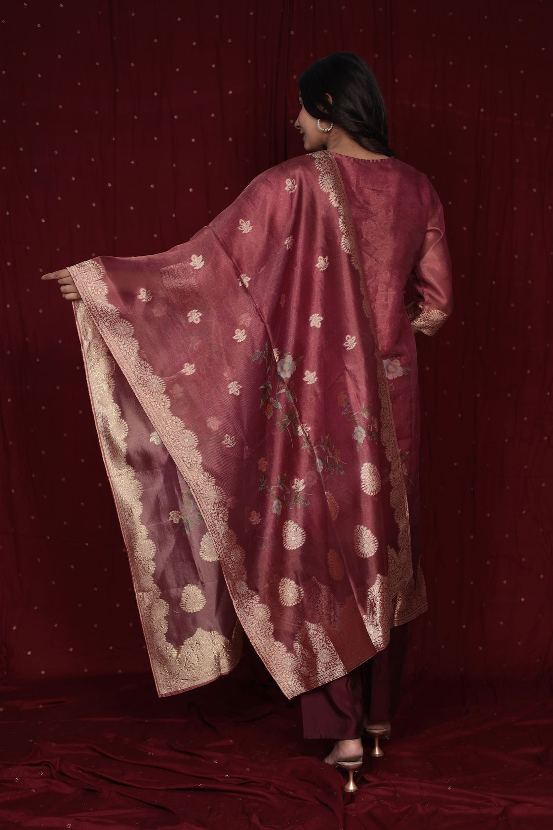 Deluxe Jacquard Orgaza Maroon Suit with Jacquard Dupatta, Soft Silk Pant and Inner Lining in Kurti