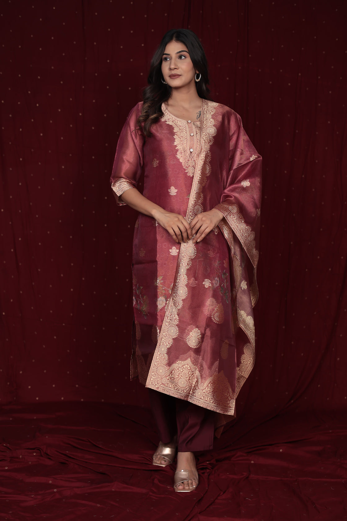 Deluxe Jacquard Orgaza Maroon Suit with Jacquard Dupatta, Soft Silk Pant and Inner Lining in Kurti
