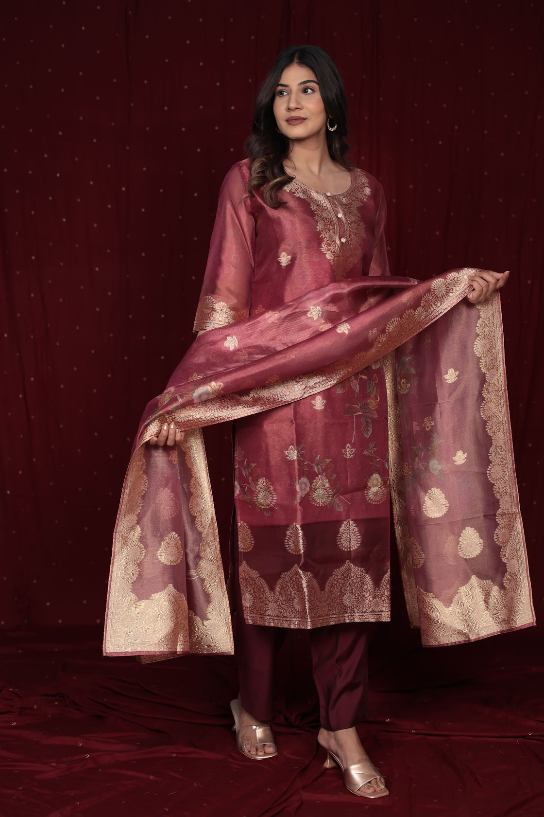 Deluxe Jacquard Orgaza Maroon Suit with Jacquard Dupatta, Soft Silk Pant and Inner Lining in Kurti