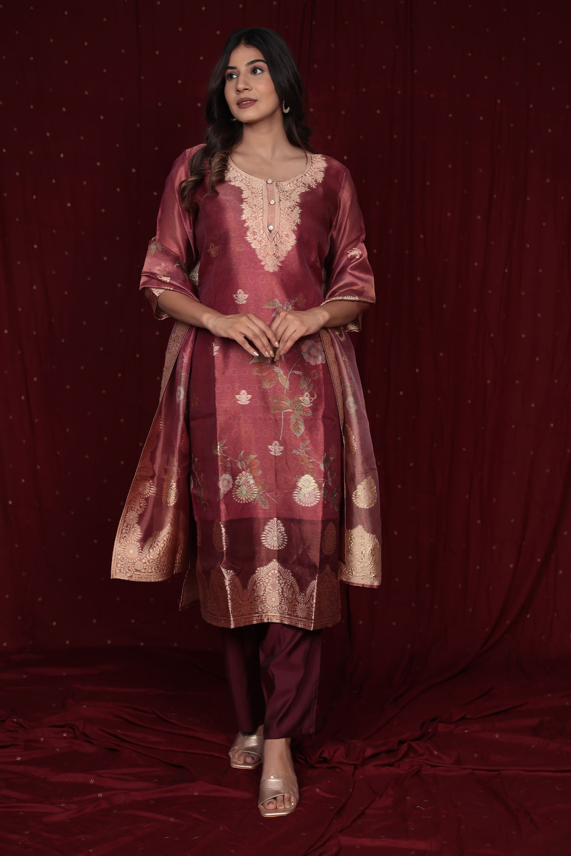 Deluxe Jacquard Orgaza Maroon Suit with Jacquard Dupatta, Soft Silk Pant and Inner Lining in Kurti