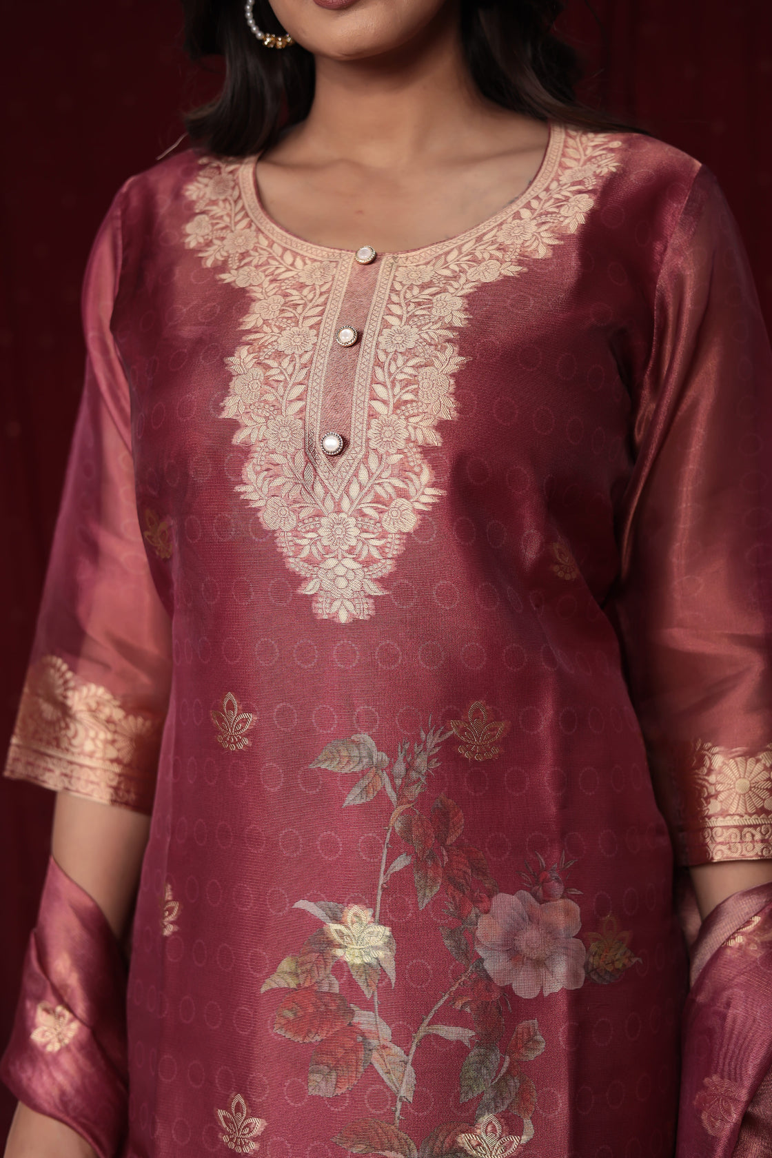 Deluxe Jacquard Orgaza Maroon Suit with Jacquard Dupatta, Soft Silk Pant and Inner Lining in Kurti