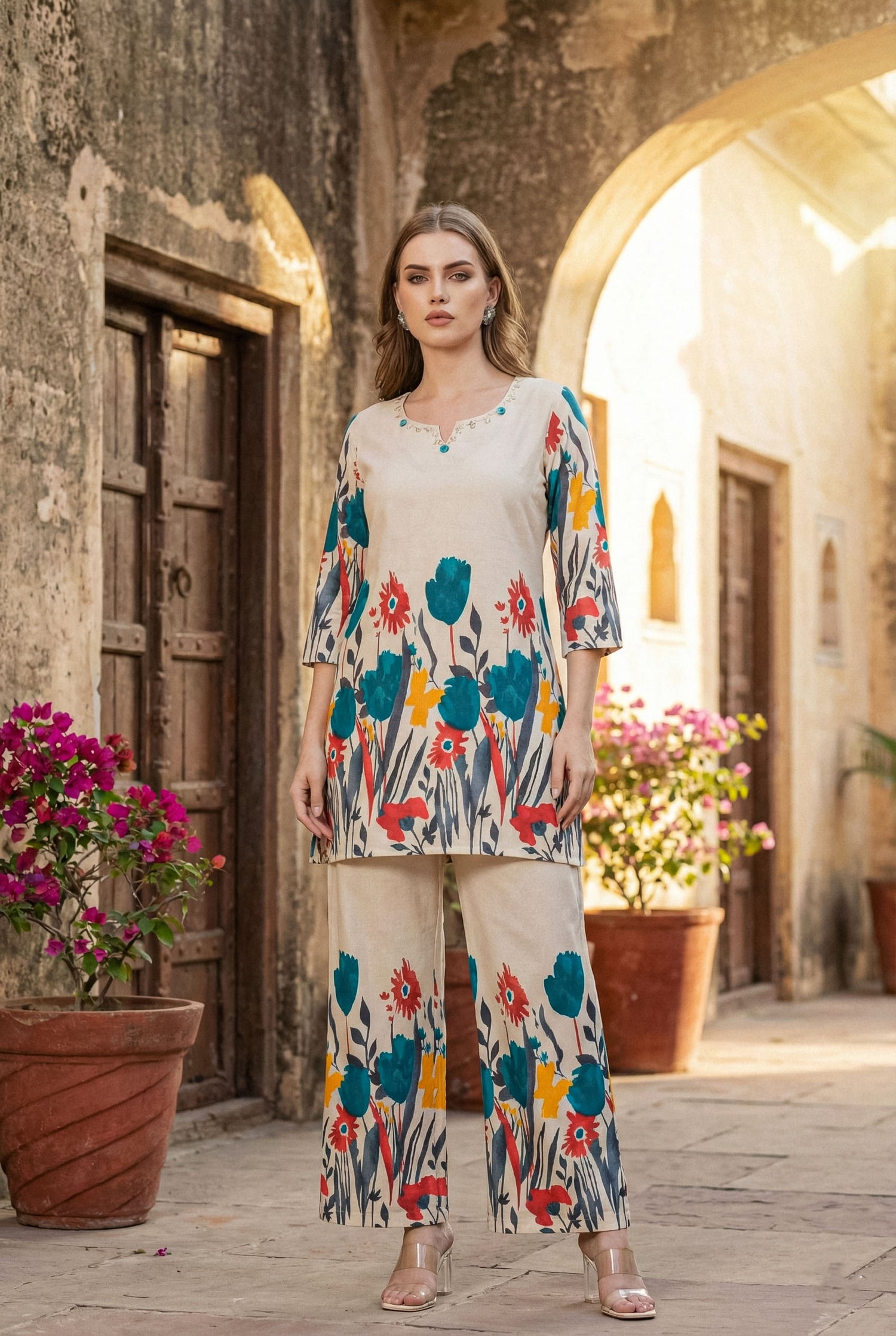 Vivid Floral Art Co-ord Set | Hand-Embroidered Cotton Flex