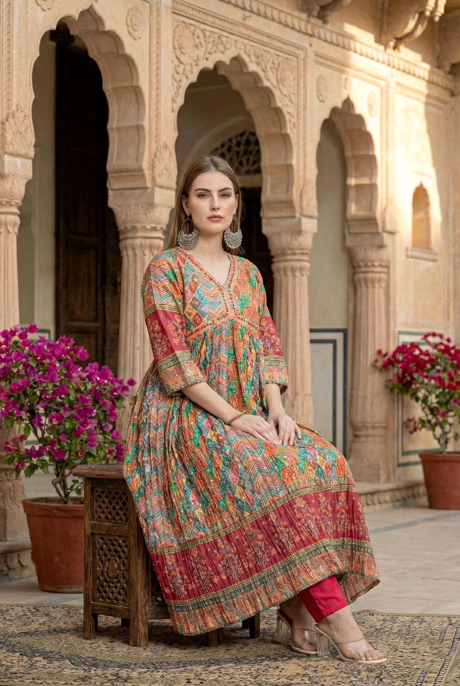 Embroidered Anarkali Suit with Leheriya Print Dupatta