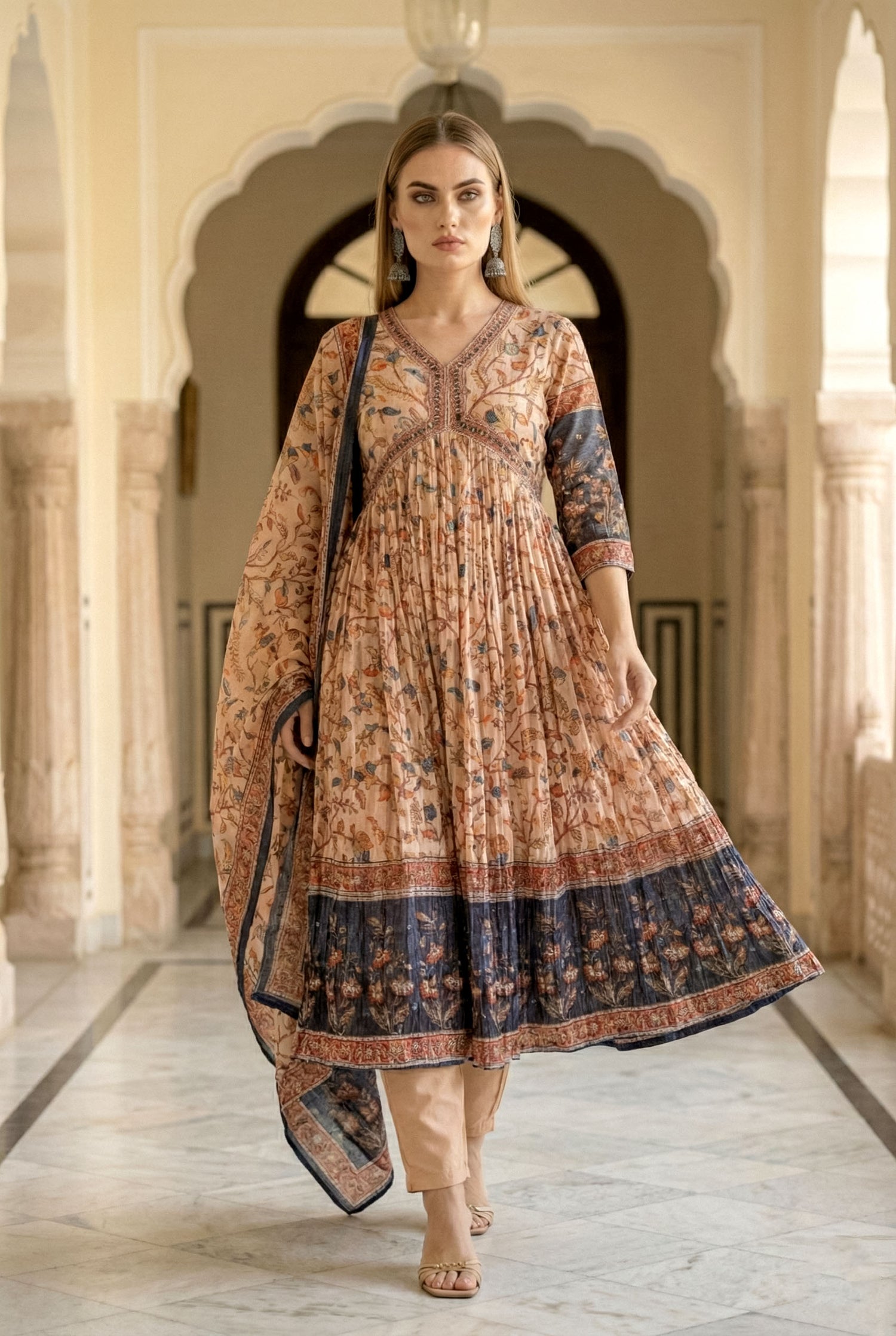 Kalamkari Print Anarkali Suit Set | Embroidered Chinnon Kurta with Silk Pants