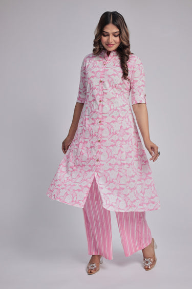 Women's Pink Princess cut Printed kurta and pant