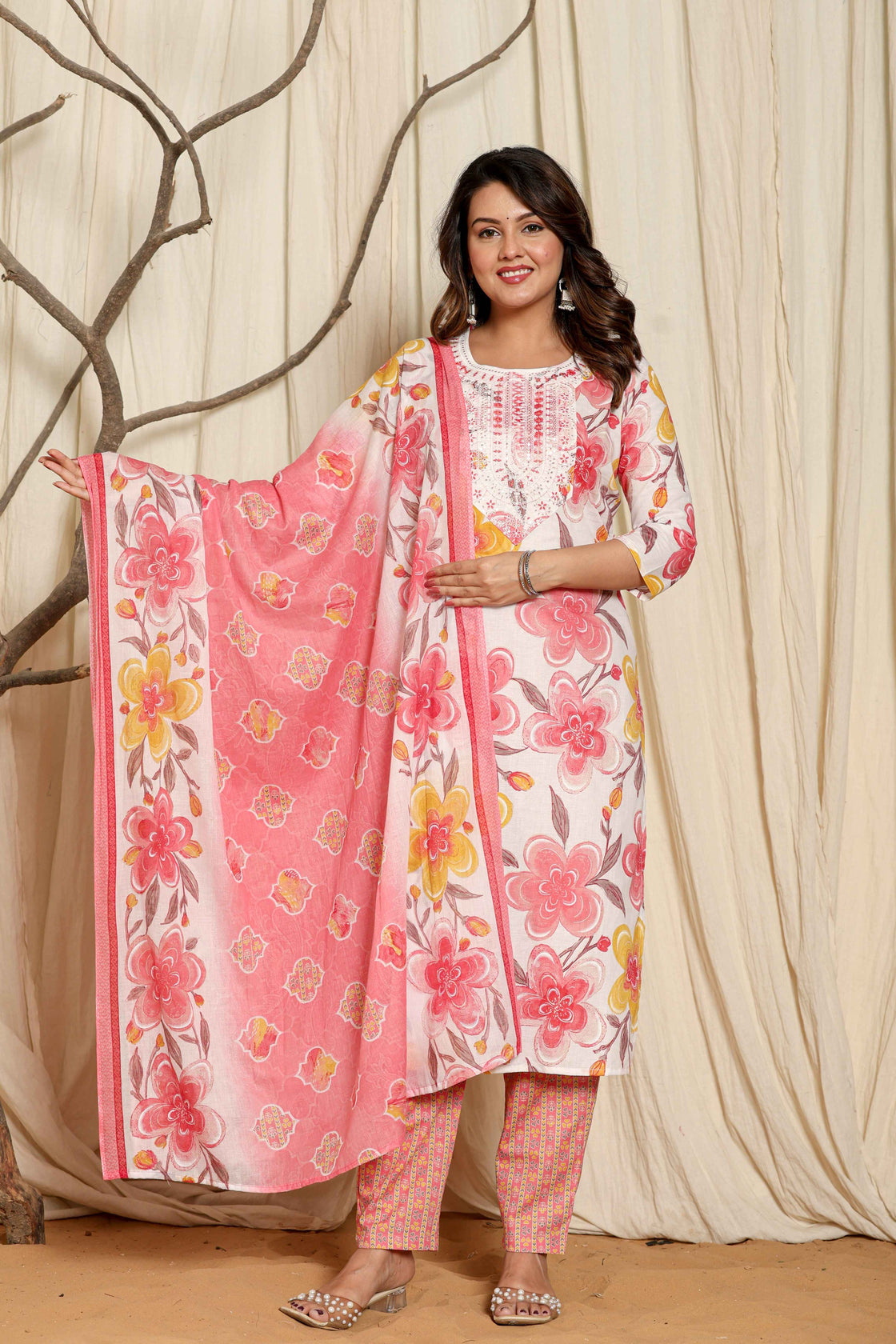 Premium Cotton Floral Printed Dupatta Kurta Set