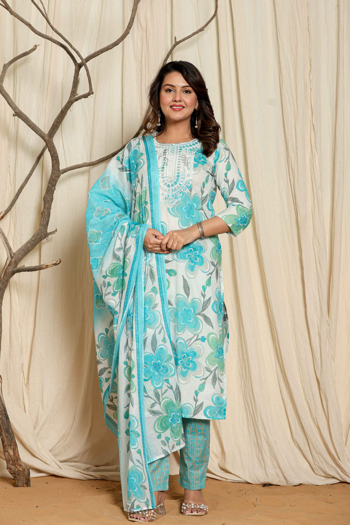 Premium Cotton Floral Printed Dupatta Kurta Set