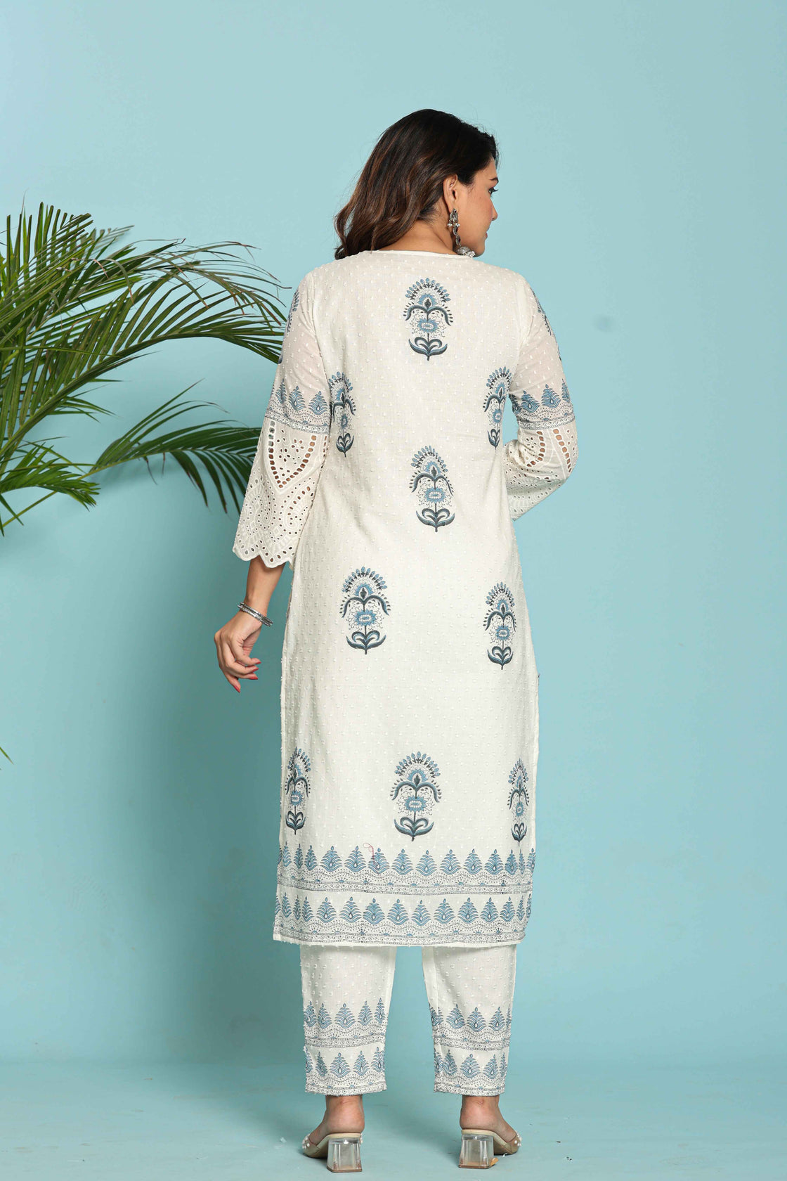 White with Blue Original Hand Block Dupatta Set