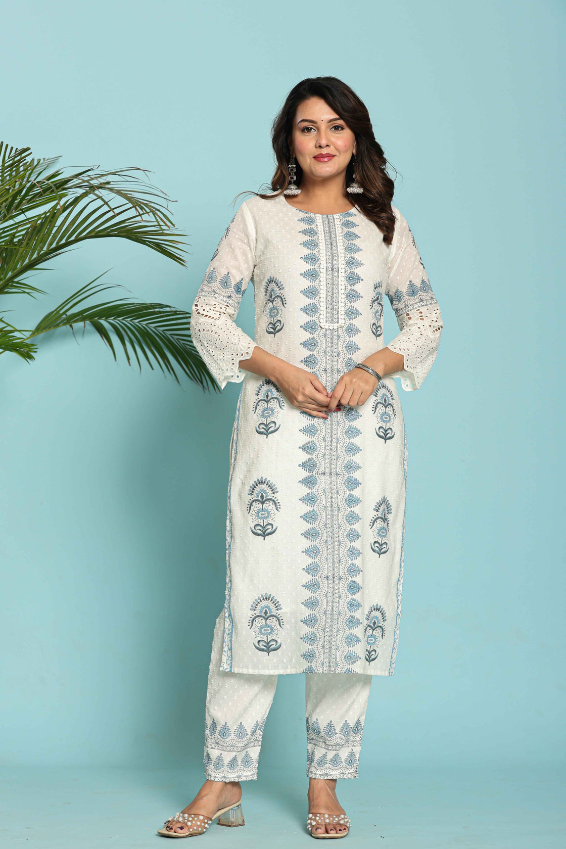 White with Blue Original Hand Block Dupatta Set