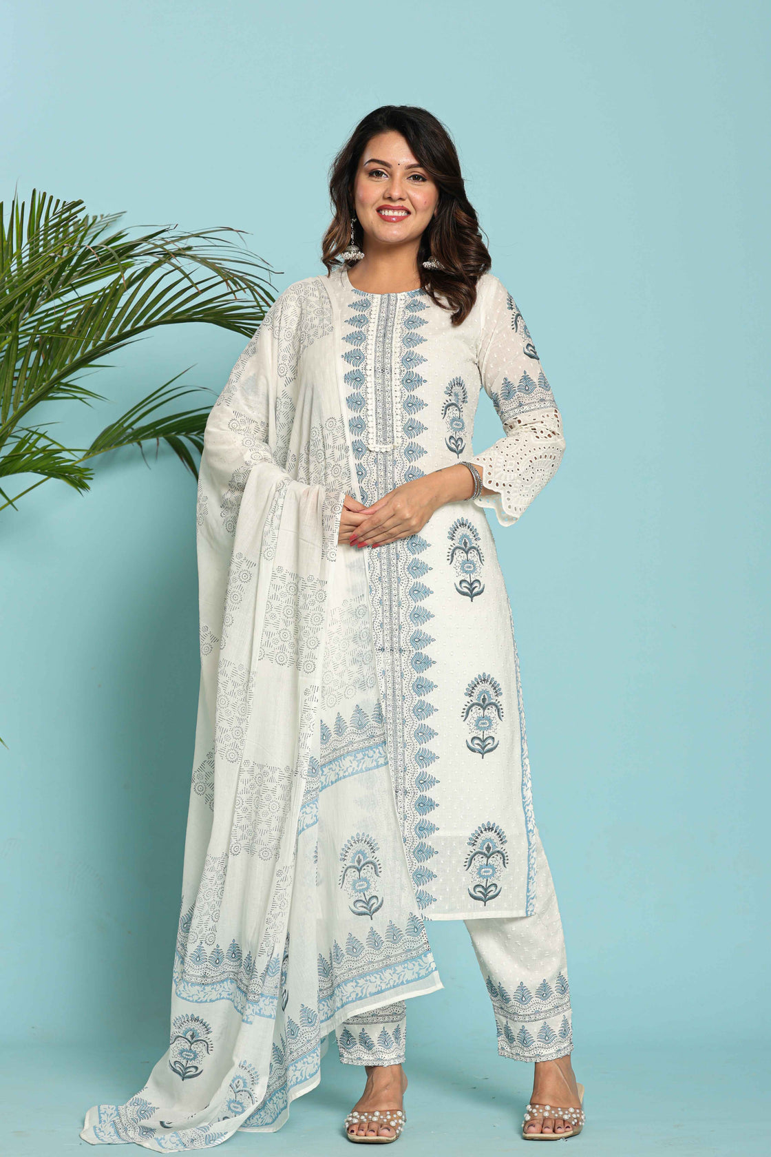 White with Blue Original Hand Block Dupatta Set