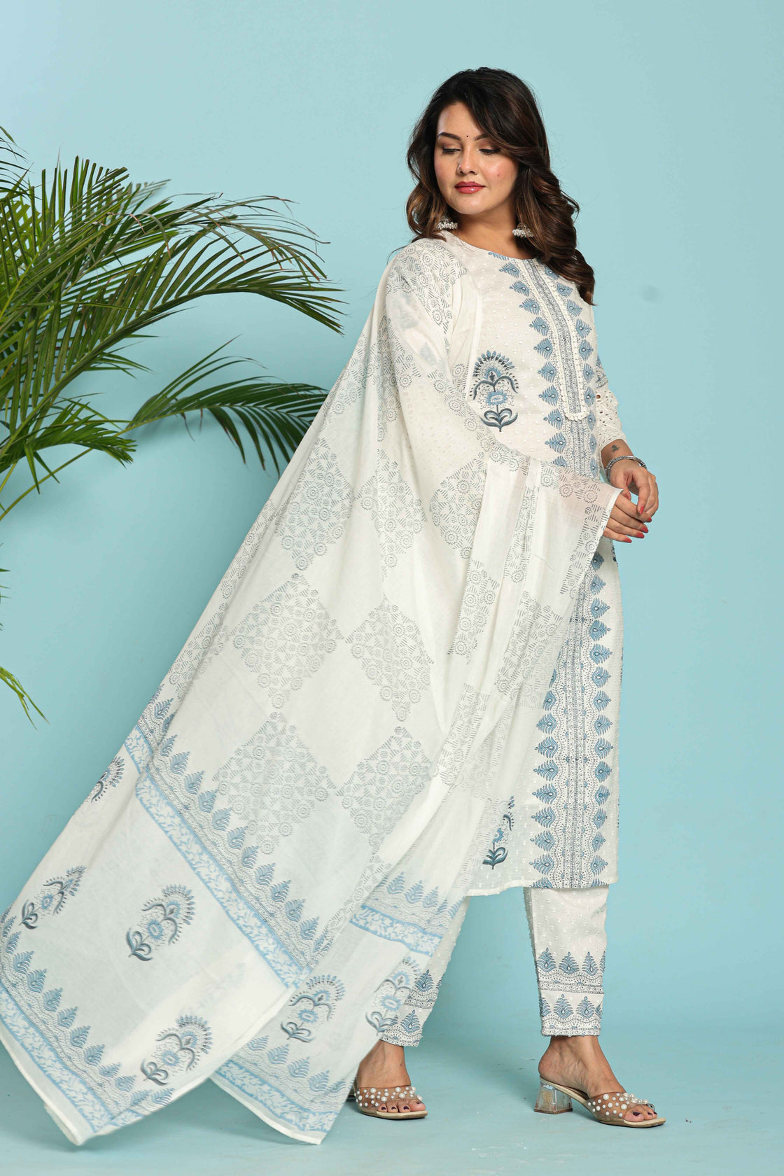 White with Blue Original Hand Block Dupatta Set