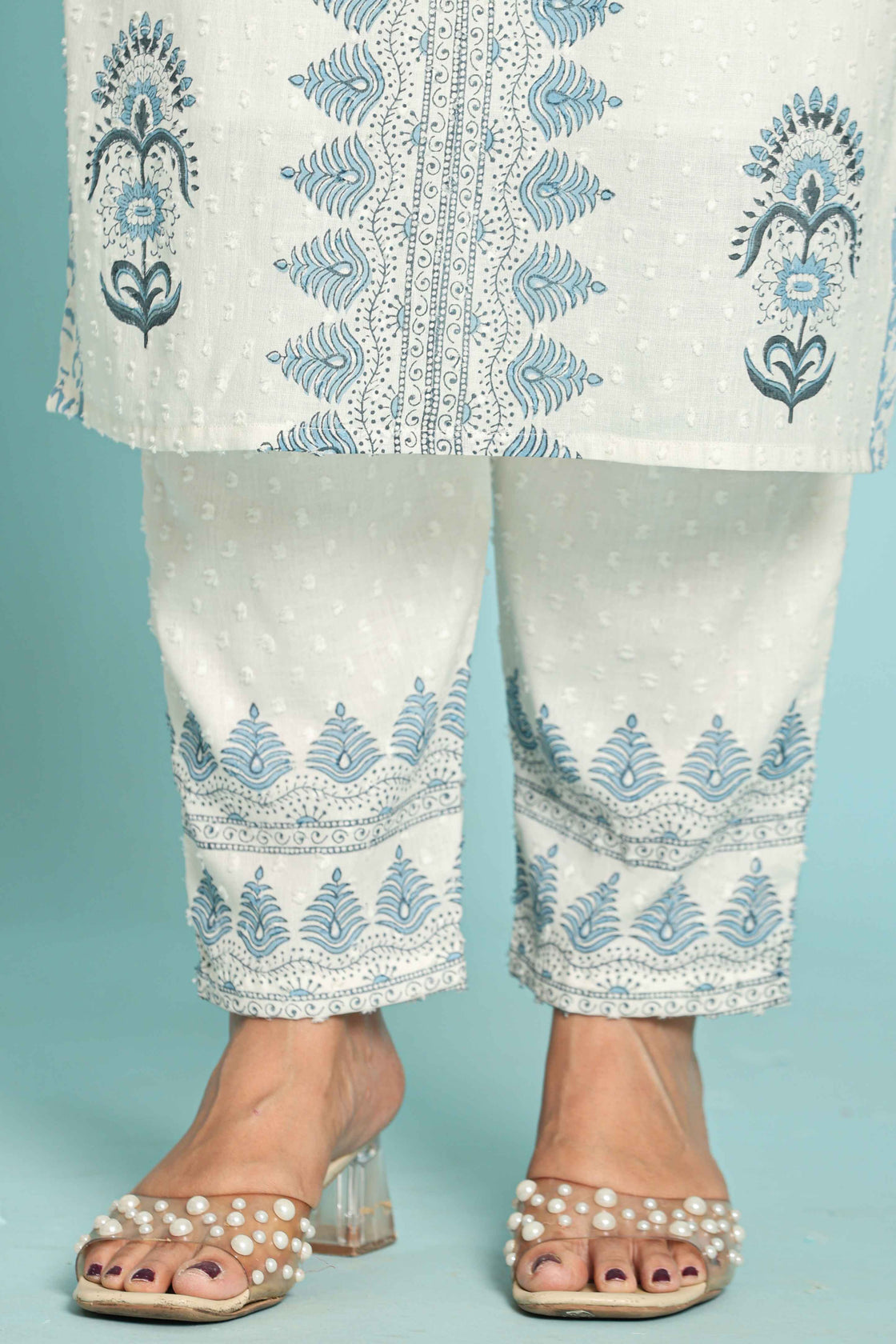 White with Blue Original Hand Block Dupatta Set