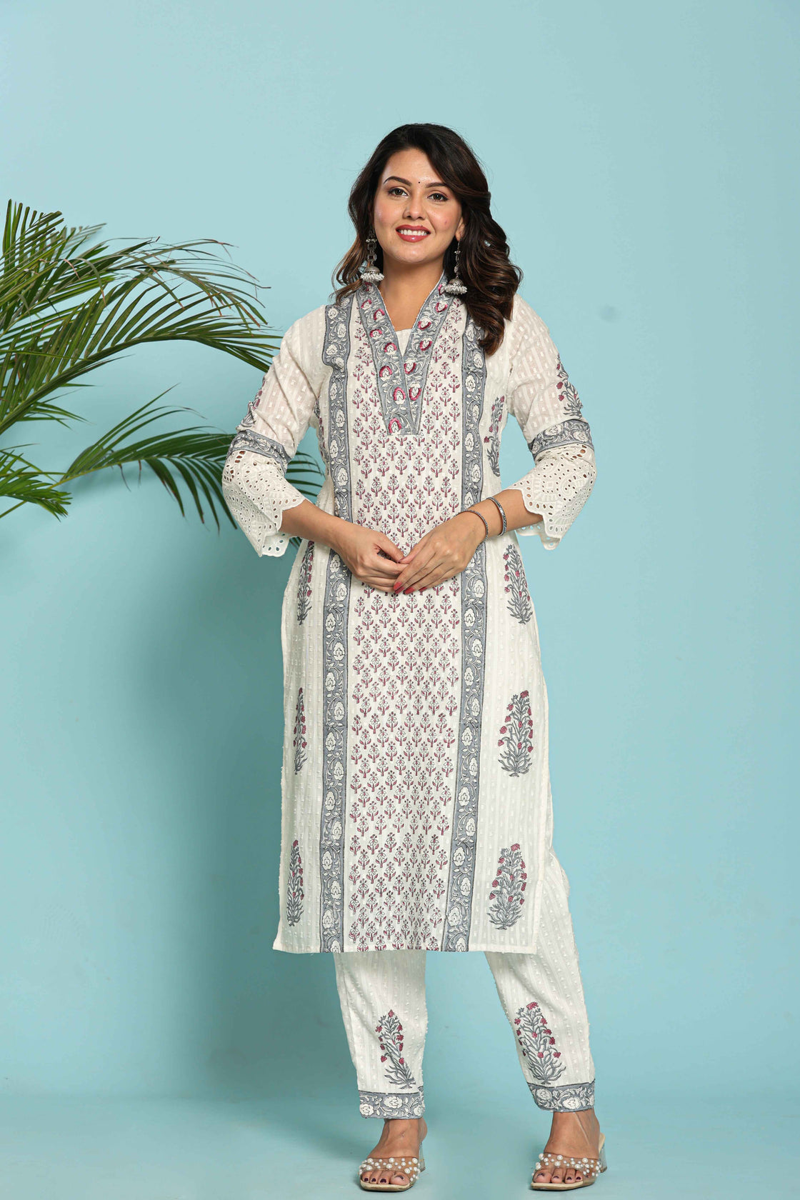 White with Grey Original Hand Block Dupatta Set