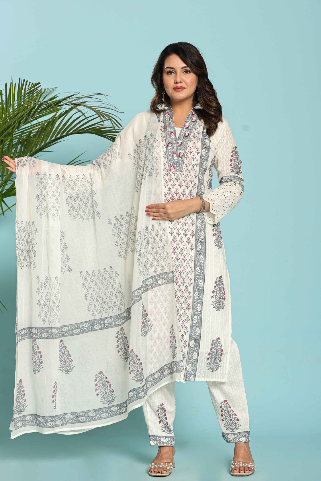 White with Grey Original Hand Block Dupatta Set